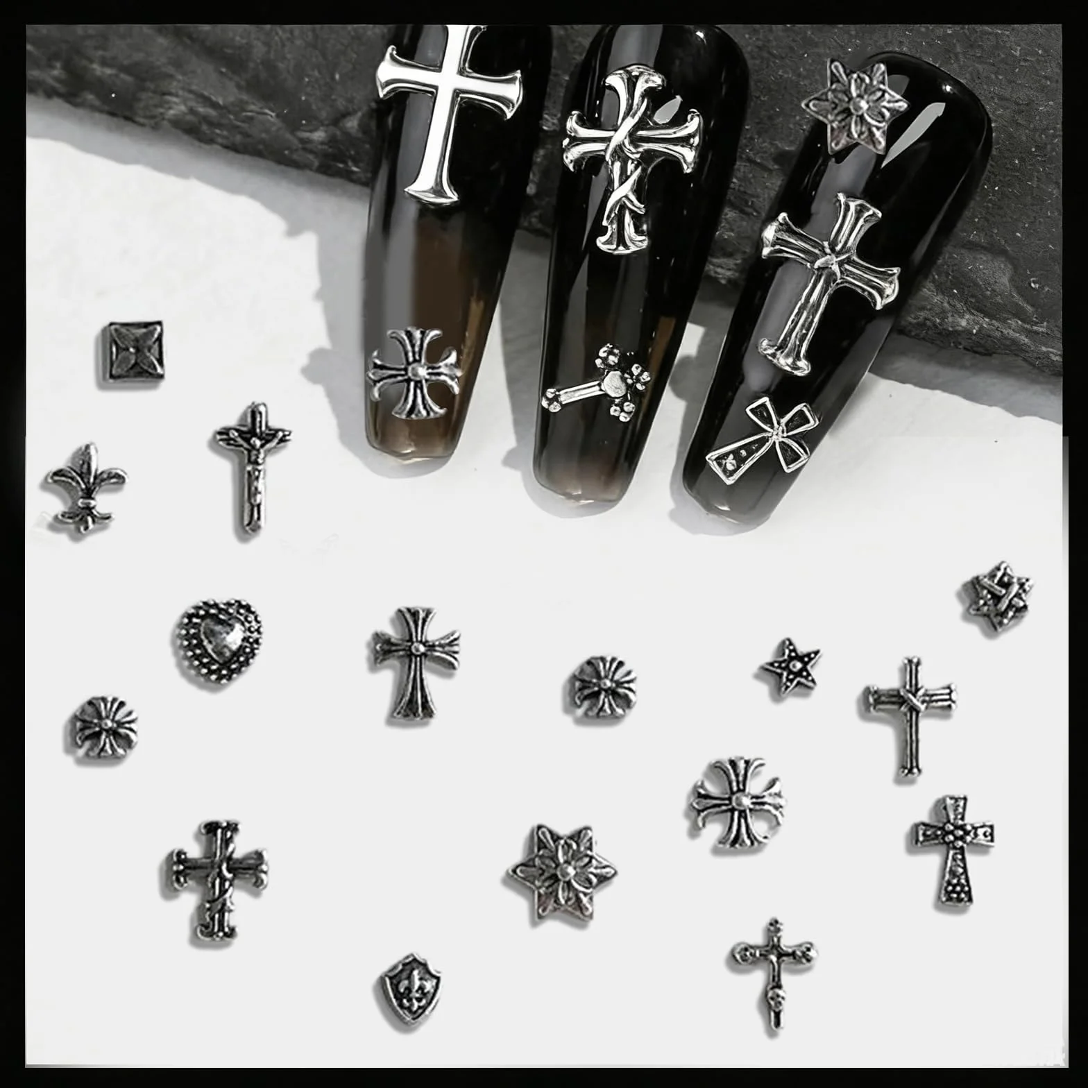 120 sztuk metalowych nitów 3D Nail Charms, srebrne zawieszki w stylu gotyckim retro charms do krzyżyka, zdobienia paznokci, ozdoby do stylizacji paznokci (srebrzyste 1)