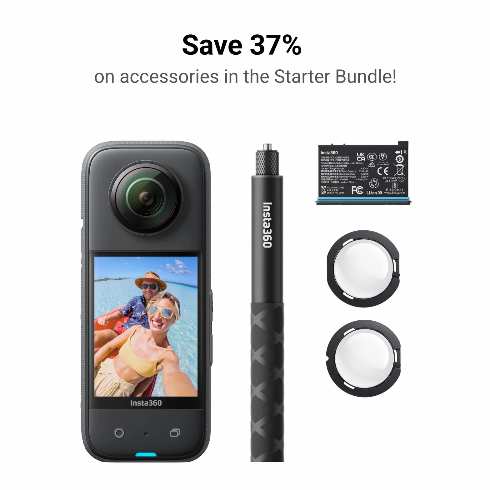 Insta360 X3 Starter-Bundle wodoszczelna kamera sportowa 360° z czujnikiem 1,27 cm (1/2"), 5,7 K 360°, zdjęcia 72 MP 360°, stabilizacja, ekran dotykowy 5,8 cm (2,29 cala), rozpoznawanie wibracji