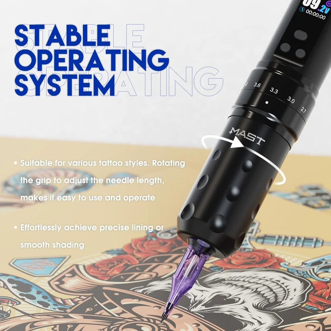 Mast Fold2 Pro Tattoo Machine Kit Wireless Tattoo Gun Machine Pen 2 Batteries 2000mAh RCA Connect for Long Time, Tattoo Needles Cartridges Black Tattoo Ink Complete Kit pink