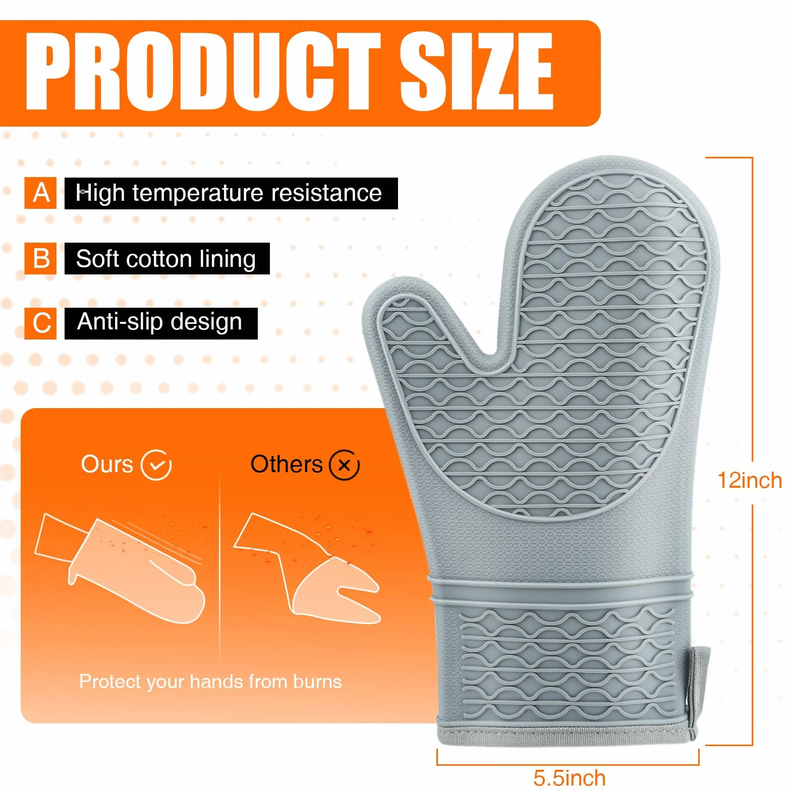 Silicone Oven Mitts Heat Resistant 2PCS with Soft Cotton Lining Waterproof Non-Slip Grip Kitchen Potholder 12.5 Inch Grey