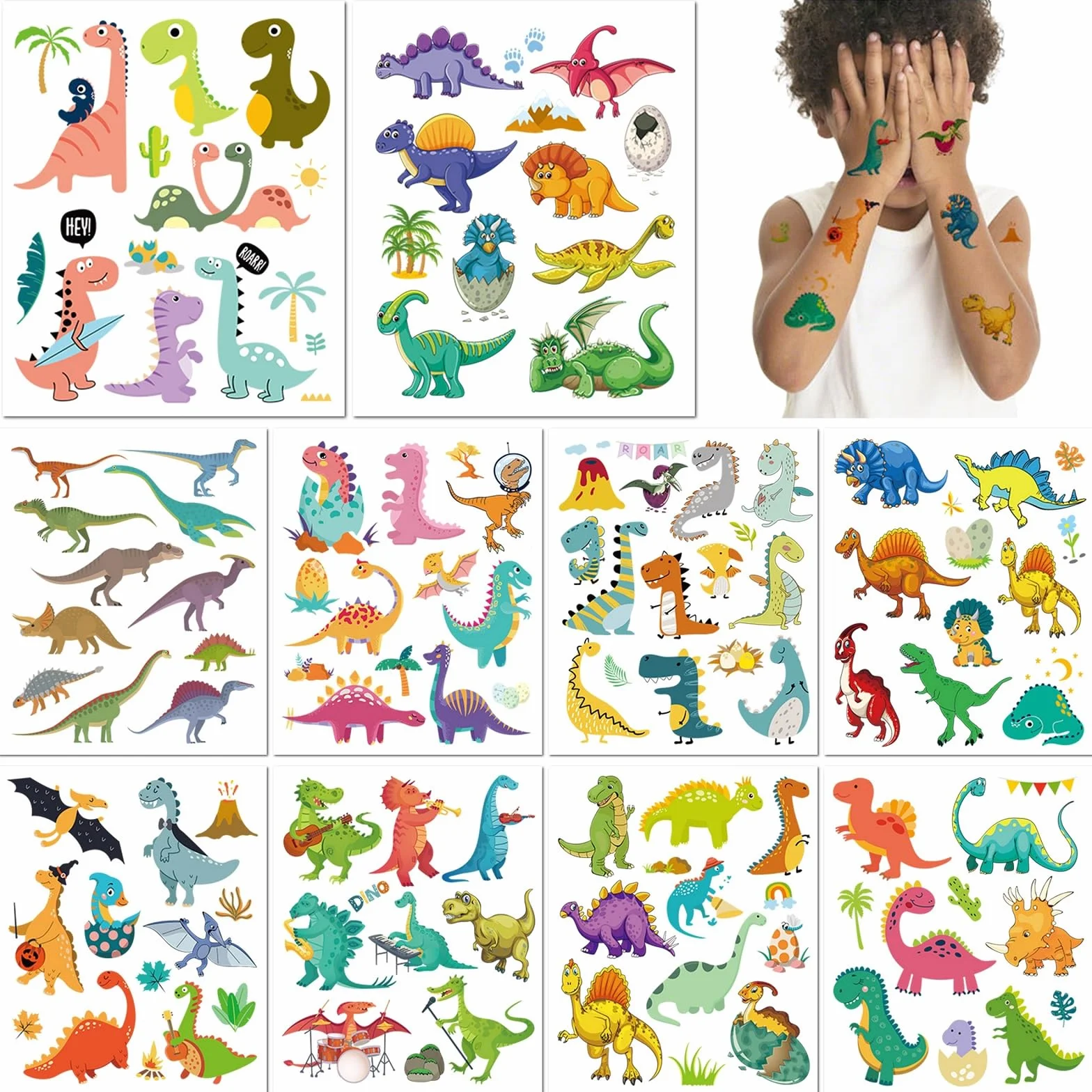 10 arkuszy z tymczasowymi tatuażami z dinozaurami dla dzieci, wodoodporne, urocze kreskówkowe naklejki z dinozaurów dla chłopców i dziewczynek, prezenty na imprezę