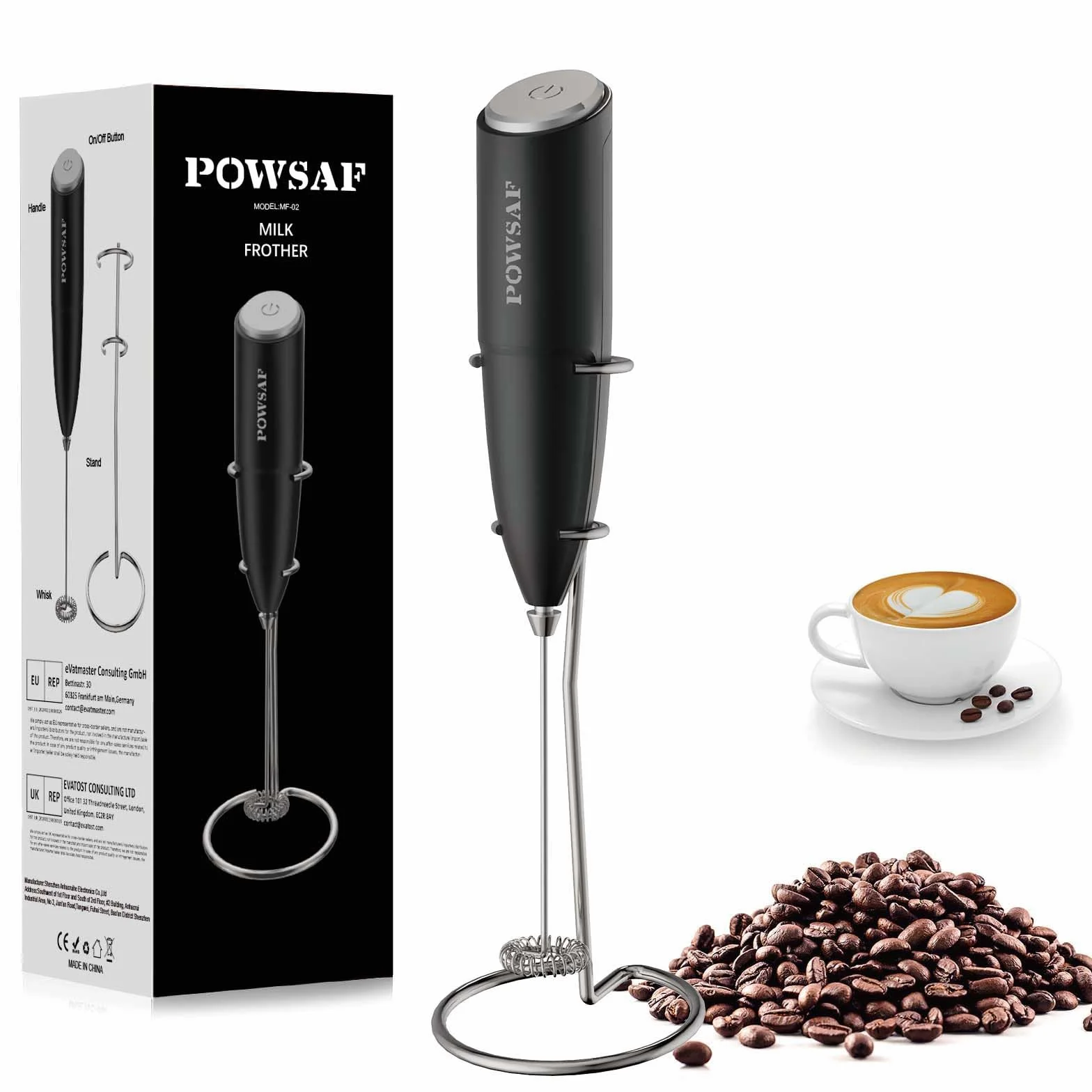 POWSAF Ręczny spieniacz do mleka ze stojakiem, ręczny spieniacz do kawy, elektryczny mikser do napojów, mini spieniacz do cappuccino, frappe, matcha, gorącej czekolady, srebrny/czarny