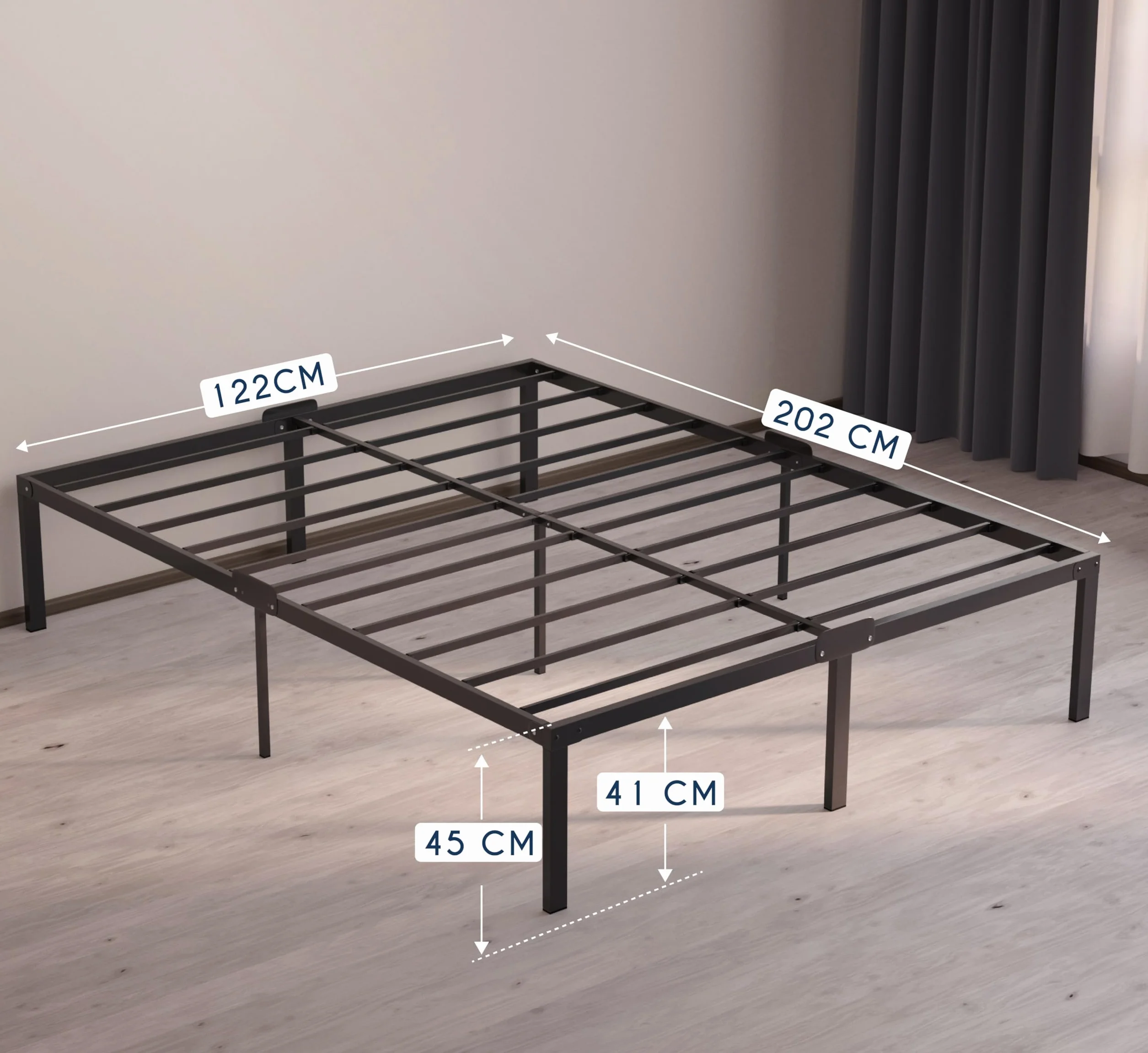 Dreamzie Metalowe łóżko 120x200 cm ze stelażem rama wysokość 45 cm