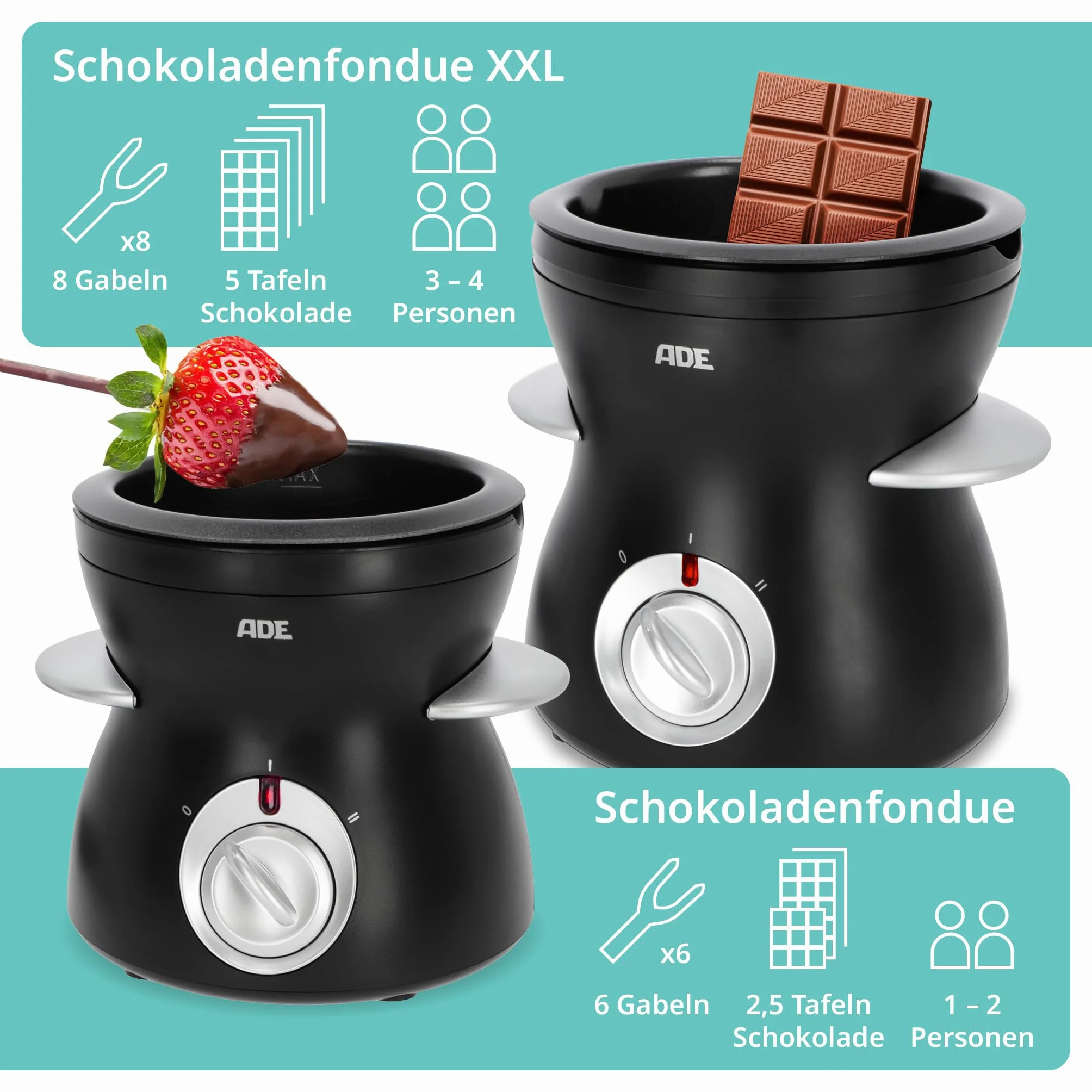 ADE Elektryczne czekoladowe fondue z 2 stopniami temperatury, 6 widelców do czekolady, z wyjmowanym pojemnikiem z teflonem, pojemność 250 ml