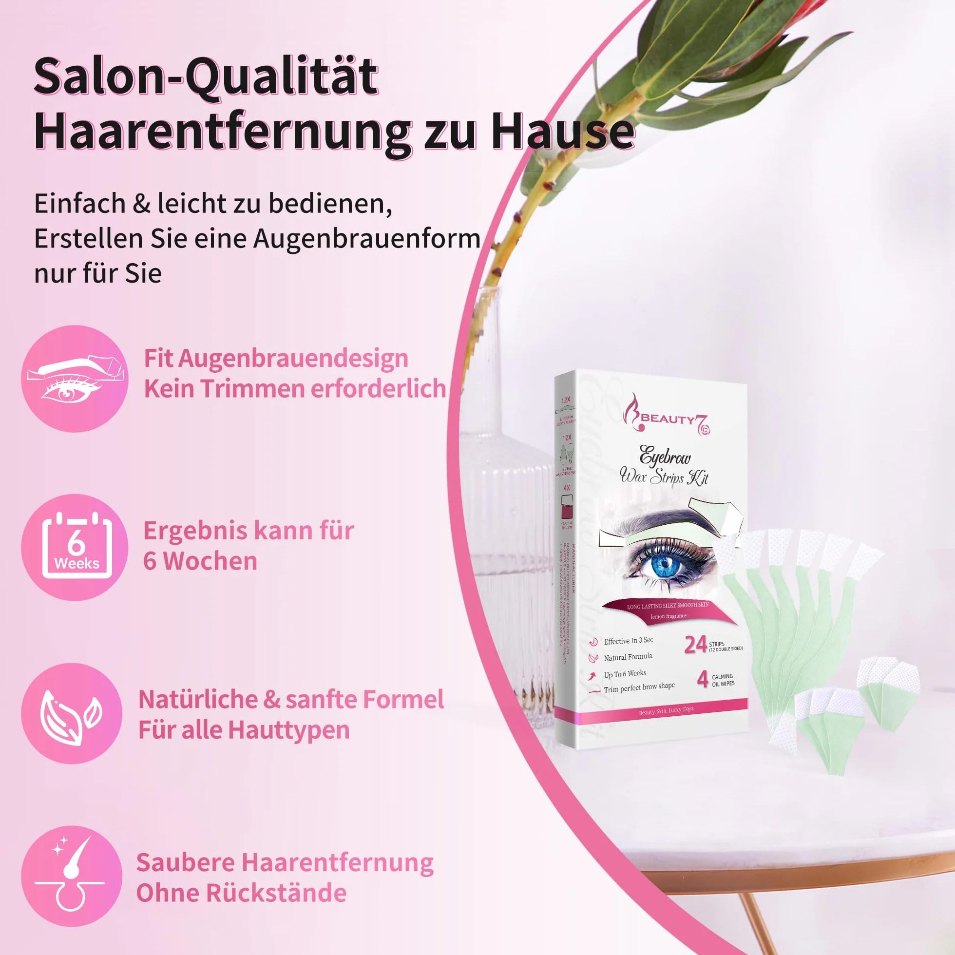 Beauty7 Wstępnie przycięte wstążki woskowe do brwi, 24 szt., pasek, czyste z 4 ściereczkami do czyszczenia oleju, bezboleśnie