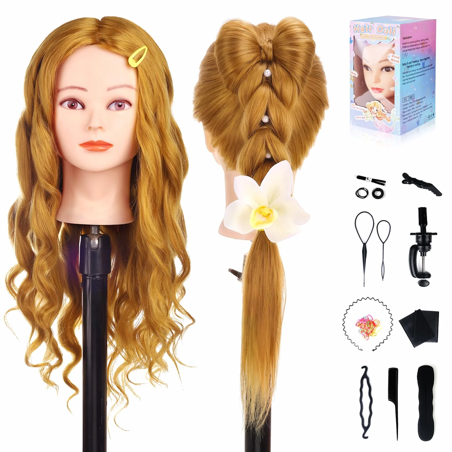 TopDirect Głowa fryzjerska, 66 cm/26 cali, głowa lalki do układania długich włosów, 70% naturalne włosy, głowa treningowa, głowa ćwiczeniowa fryzjerska z pomocą do warkoczenia i uchwytem, złota