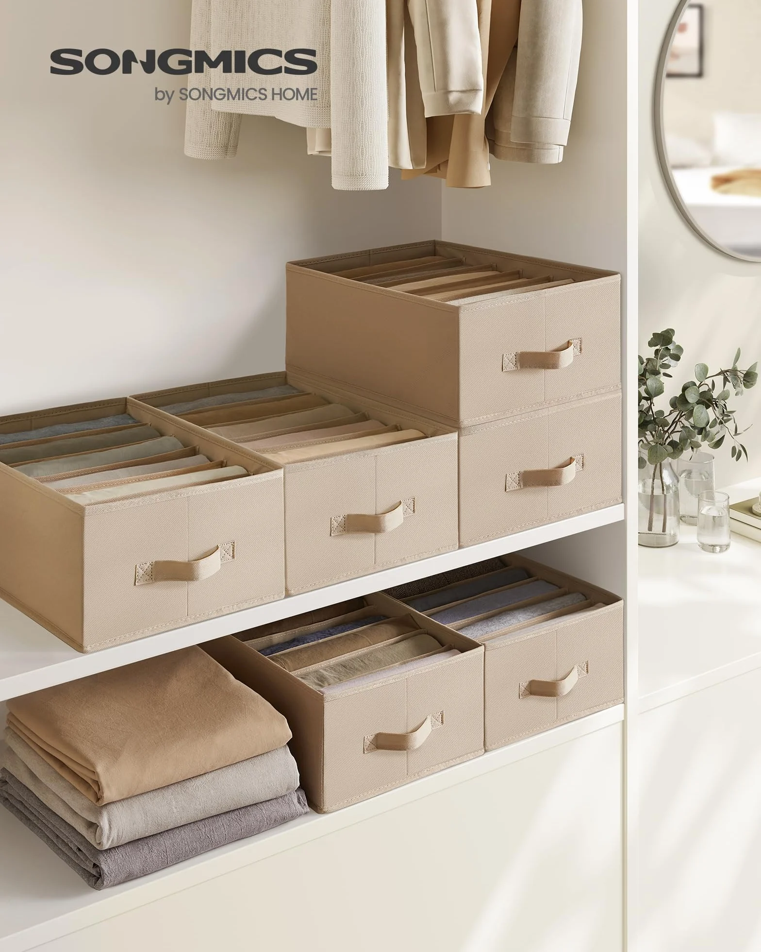 SONGMICS Organizer z 6 przegródkami 42x30x17 cm pudełko do przechowywania piaskowo-beżowy