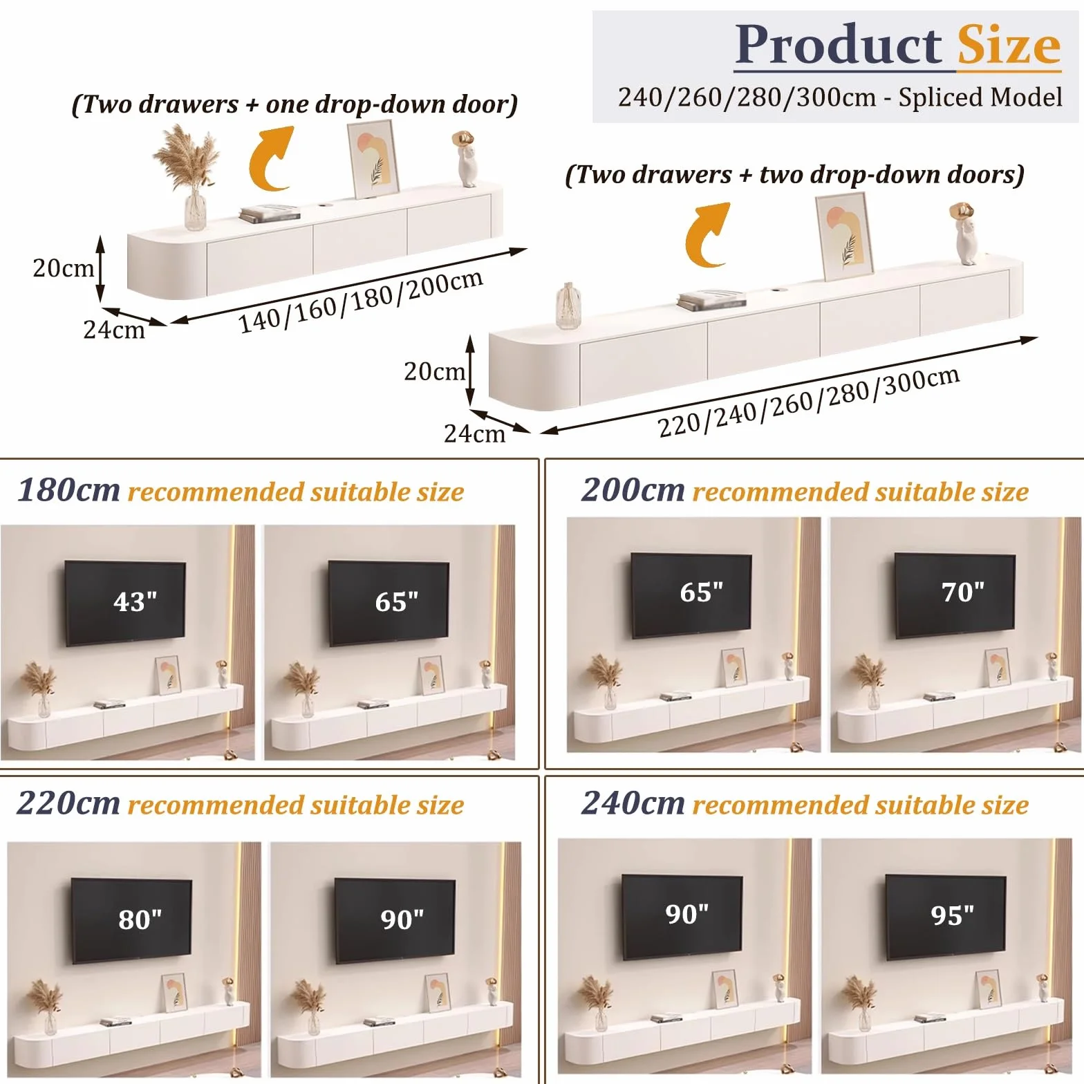 Floating TV Unit Wall Mounted TV Cabinet with 4 Cabinets Wooden Entertainment Media Console Large Storage TV Bench White 200cm