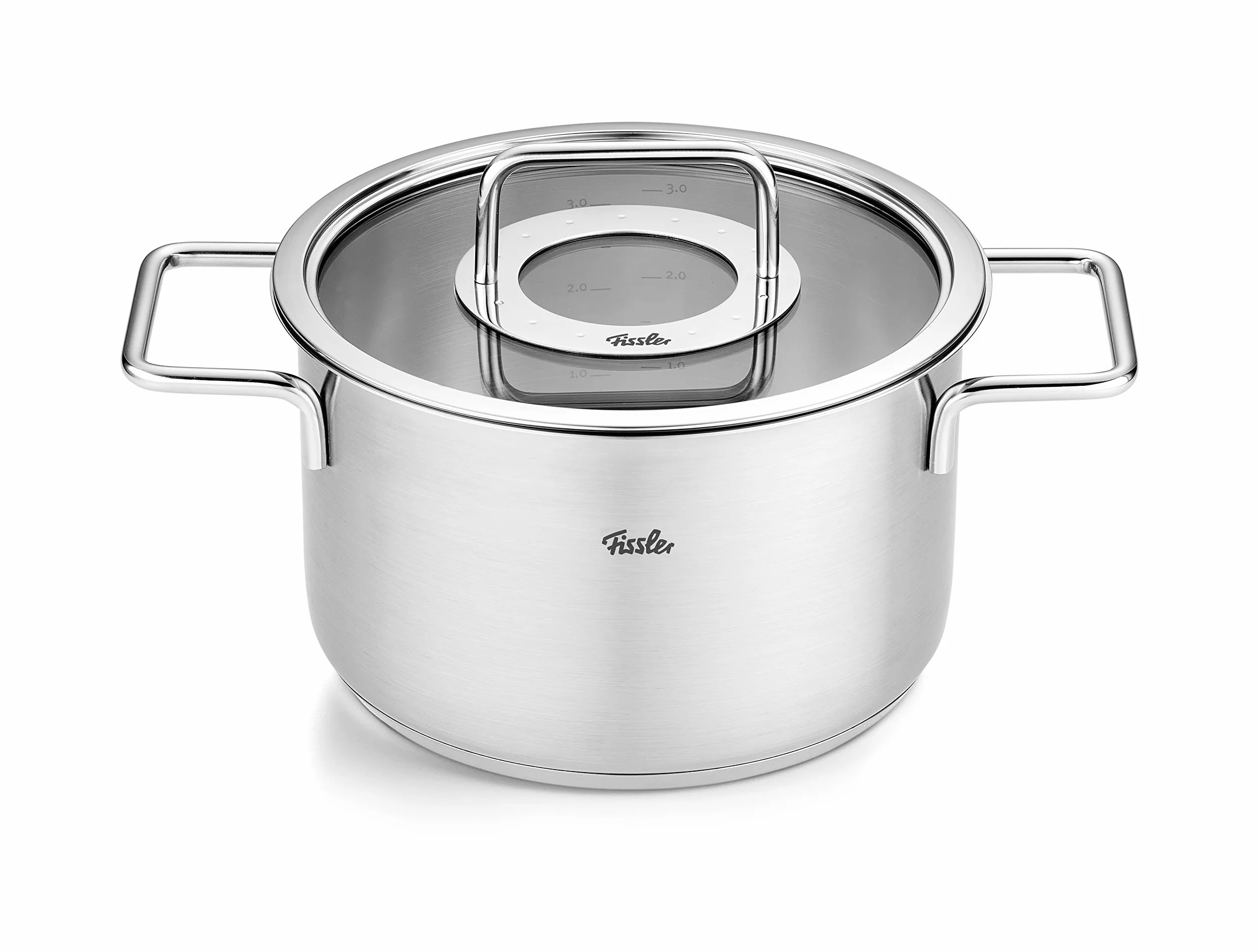 Fissler Pure Collection zestaw garnków ze stali nierdzewnej, 5-częściowy, garnki ze szklaną pokrywką (3 garnki, 1 garnek do pieczenia, 1 rondel) – indukcja