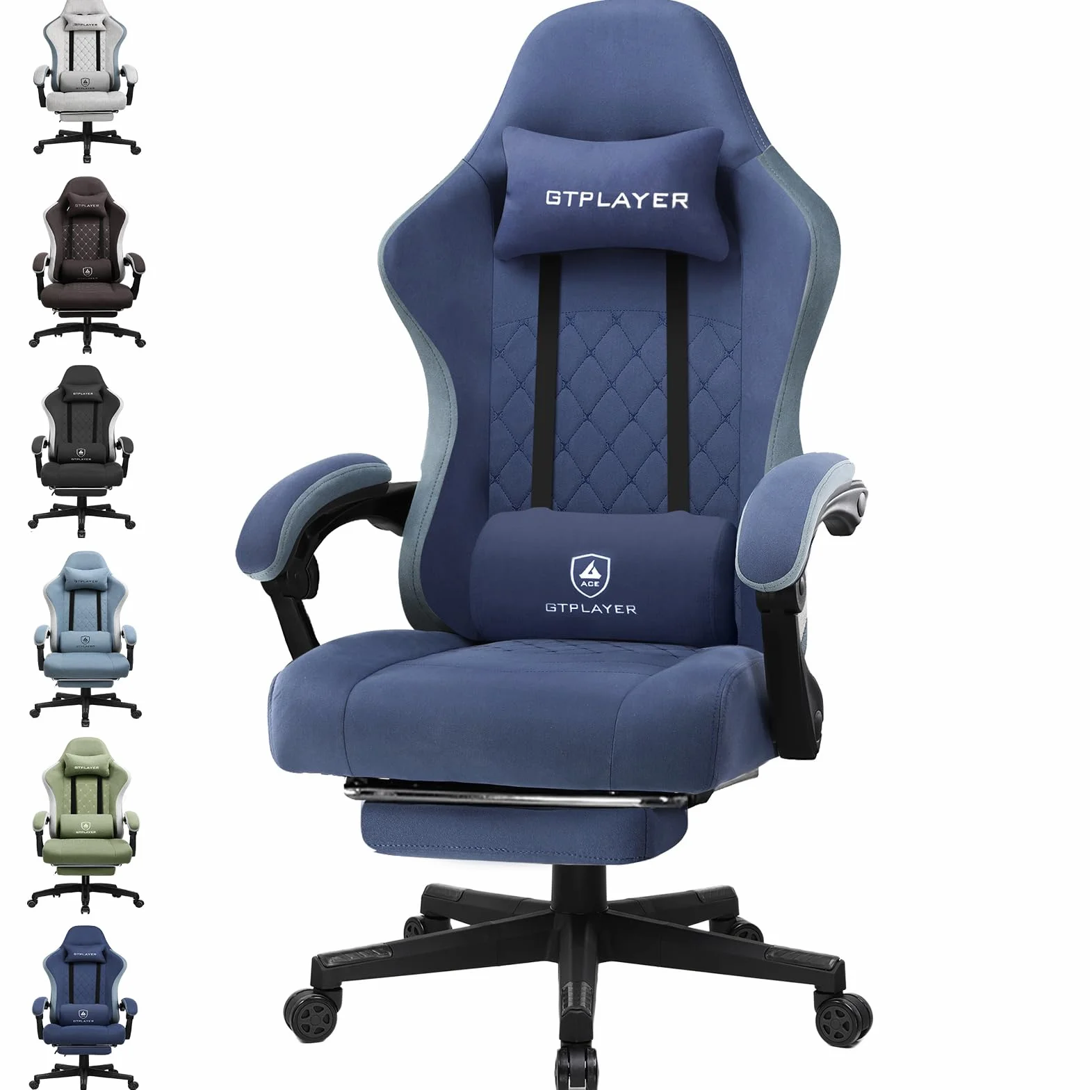 GTPLAYER Fotel gamingowy z podnóżkiem, ergonomiczny, wysoki oparcie, granatowy