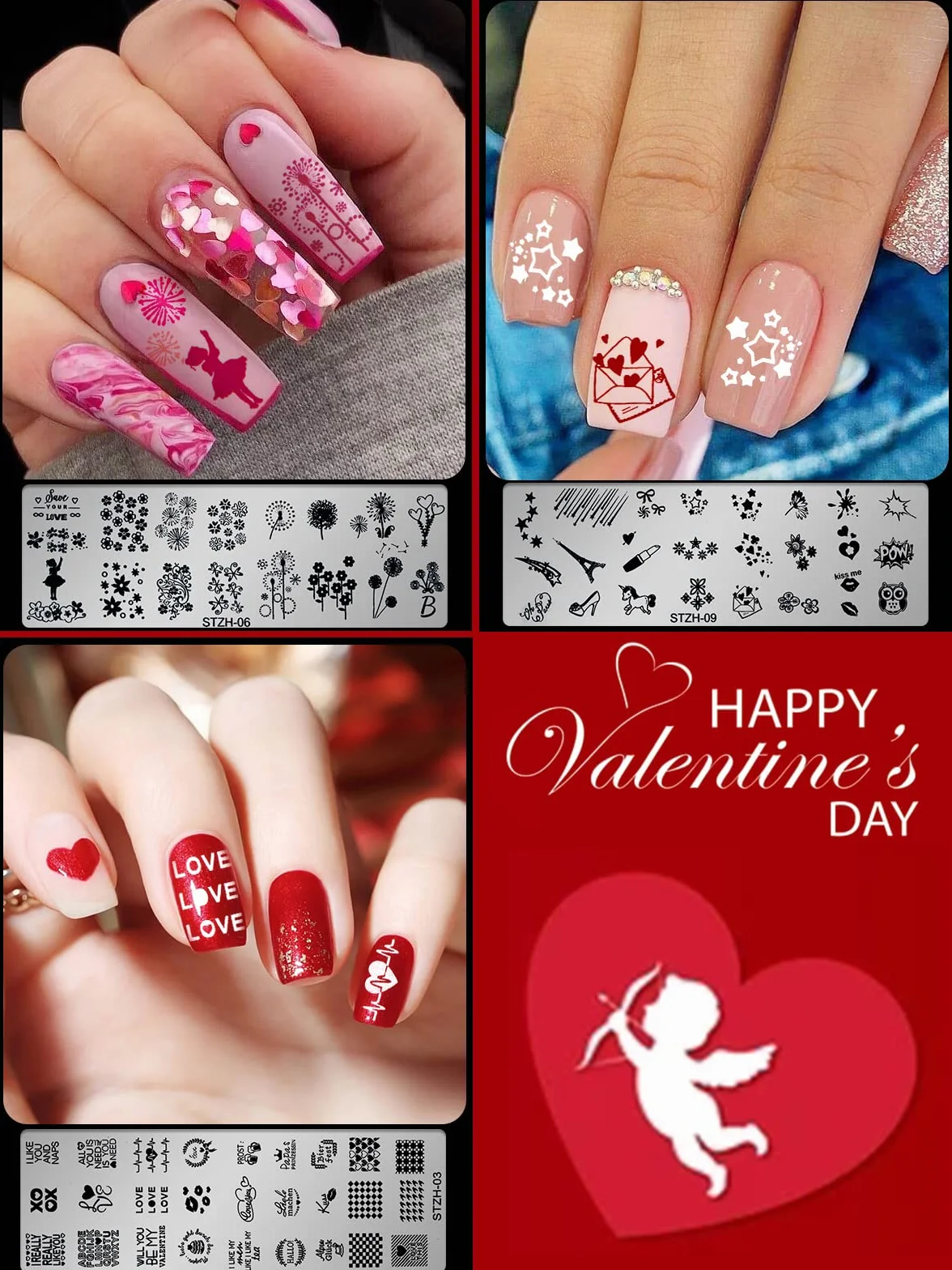 Kalolary 9 szt. Szablony do Stemplowania Paznokci Zestaw Narzędzi do Manicure Nail Plates Stemple Manicure Szablony Jednorożec Wysoki Obcas Serce Motyw do Walentynki Paznokci Płytki