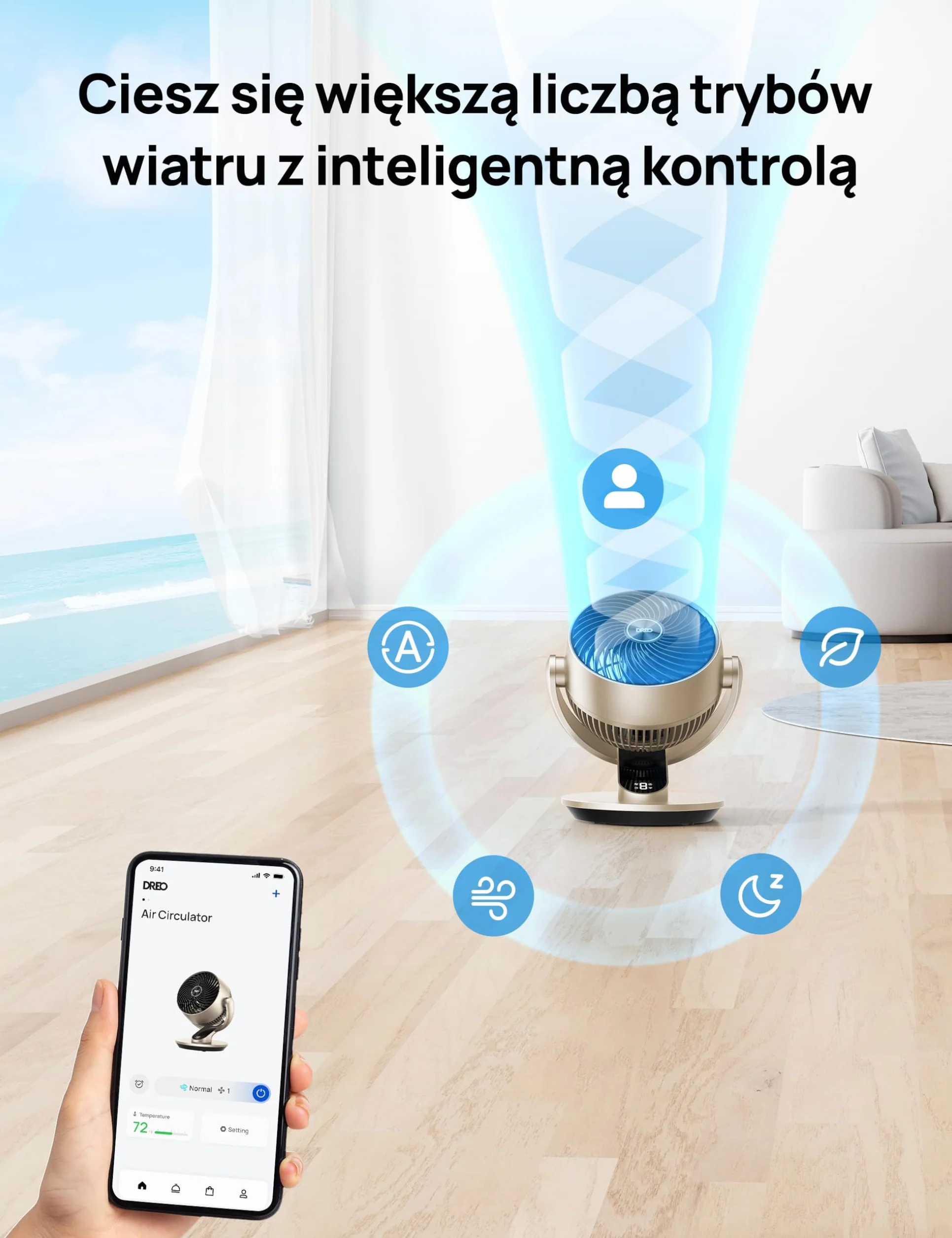 Dreo Lynx S Inteligentny wentylator stolikowy 28 dB 18 cm 4 prędkości 5 trybów timer 12h oscylacja 120° pilot sterowanie głosowe złoty