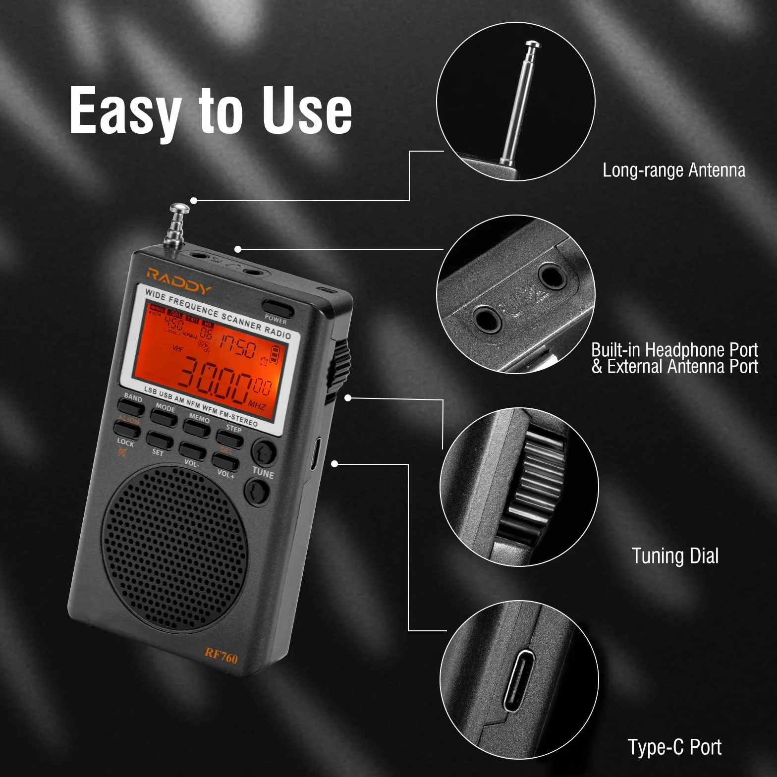 Raddy RF760 szerokopasmowe radio krótkofalowe, wielopasmowe radio FM/AM/SW/CB/VHF(UHF)/WX/Air, cyfrowe radio z możliwością ładowania z gniazdem słuchawkowym, 3 m antena druciana