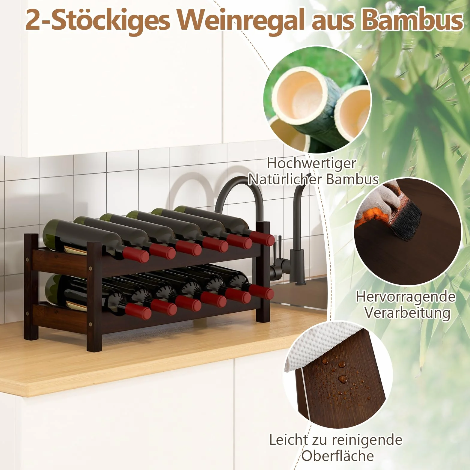 GOPLUS bambusowy regał na wino 2-stopniowy na 12 butelek czarny 24 x 60,5 x 25 cm