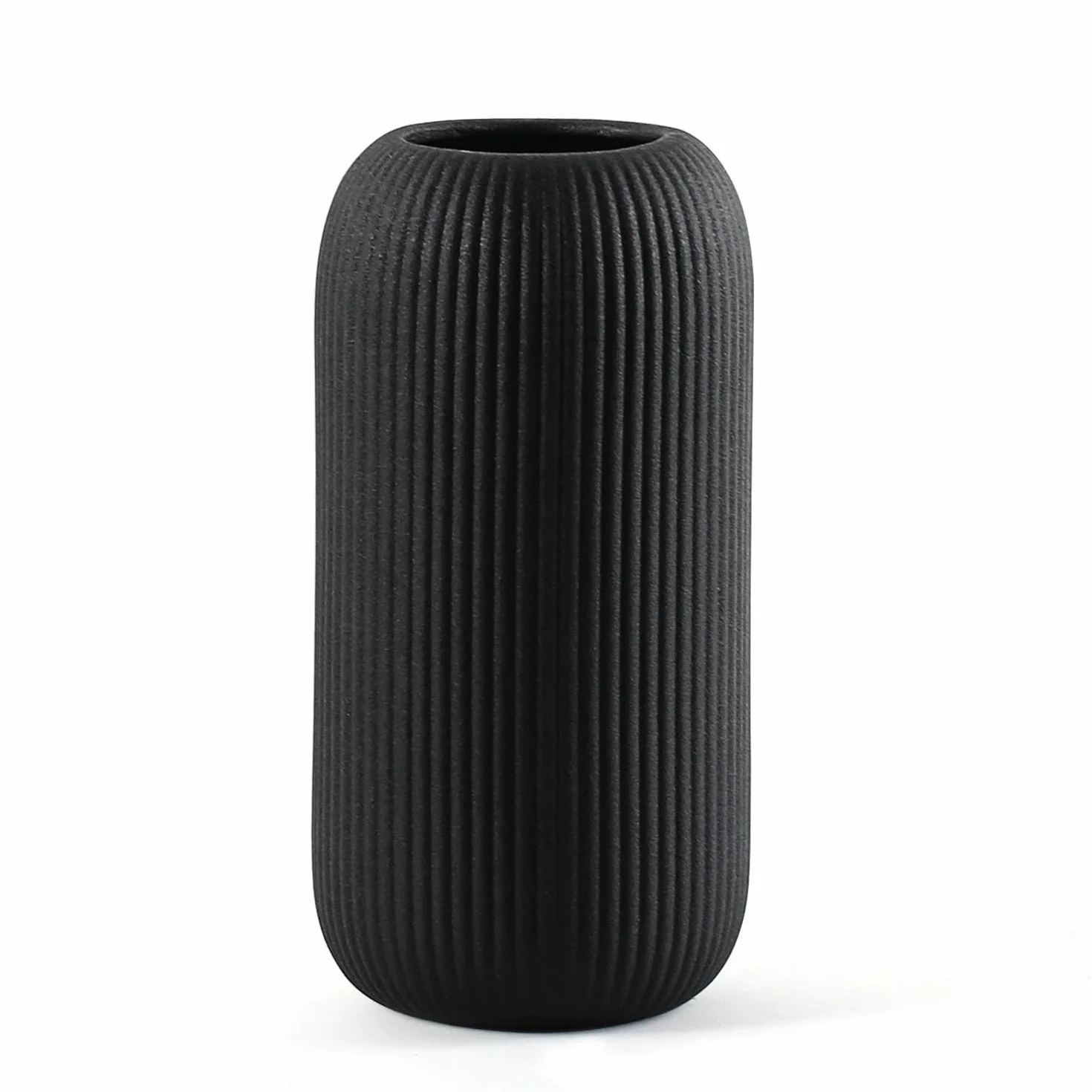 Nowoczesny wazon ceramiczny, biały, żebrowany, kształt cylindryczny (czarny)