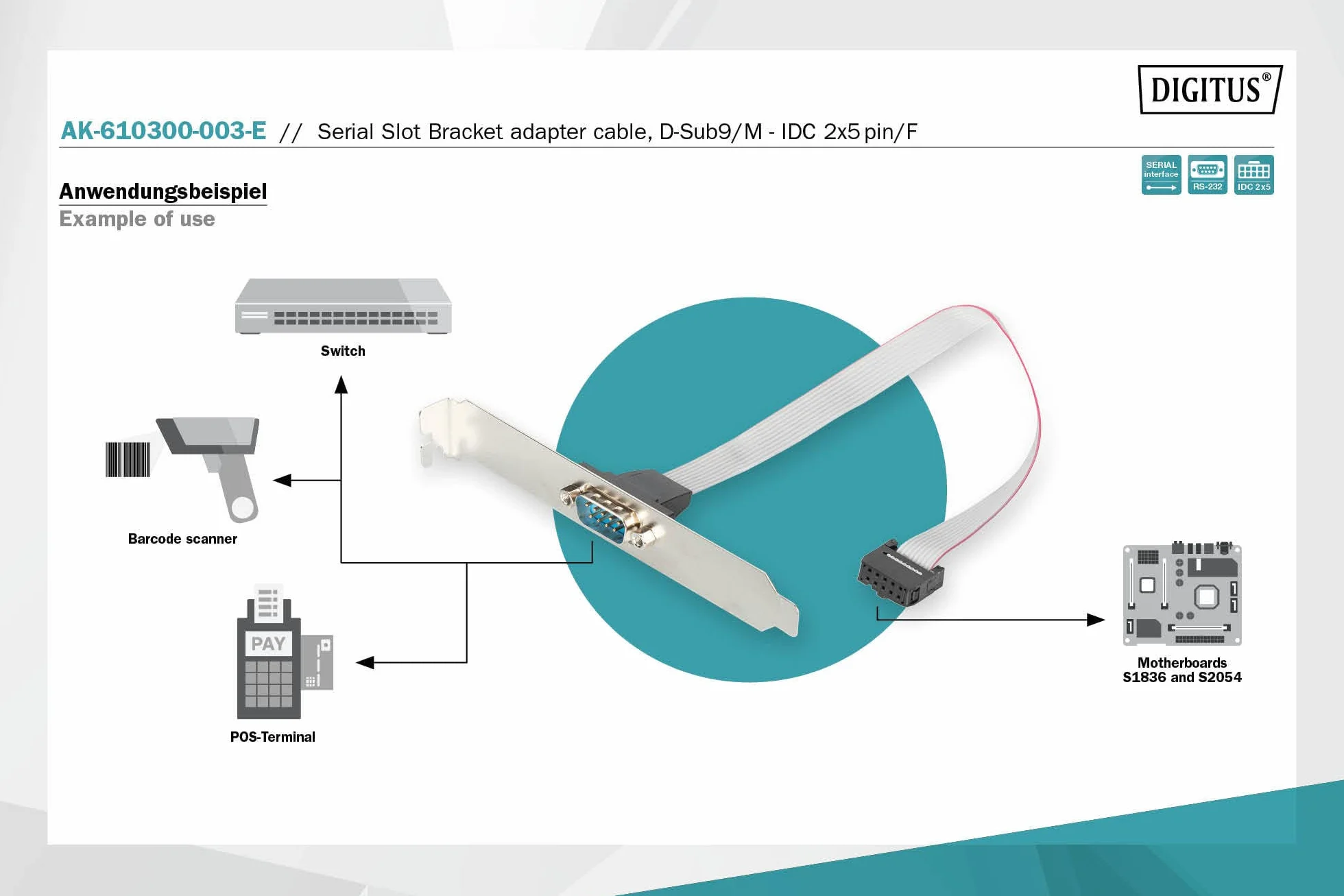Digitus Wspornik gniazda portu szeregowego - kabel adaptera - IDC 10-pin do D-Sub 9 - gniazdo do wtyczki - płaski kabel taśmowy