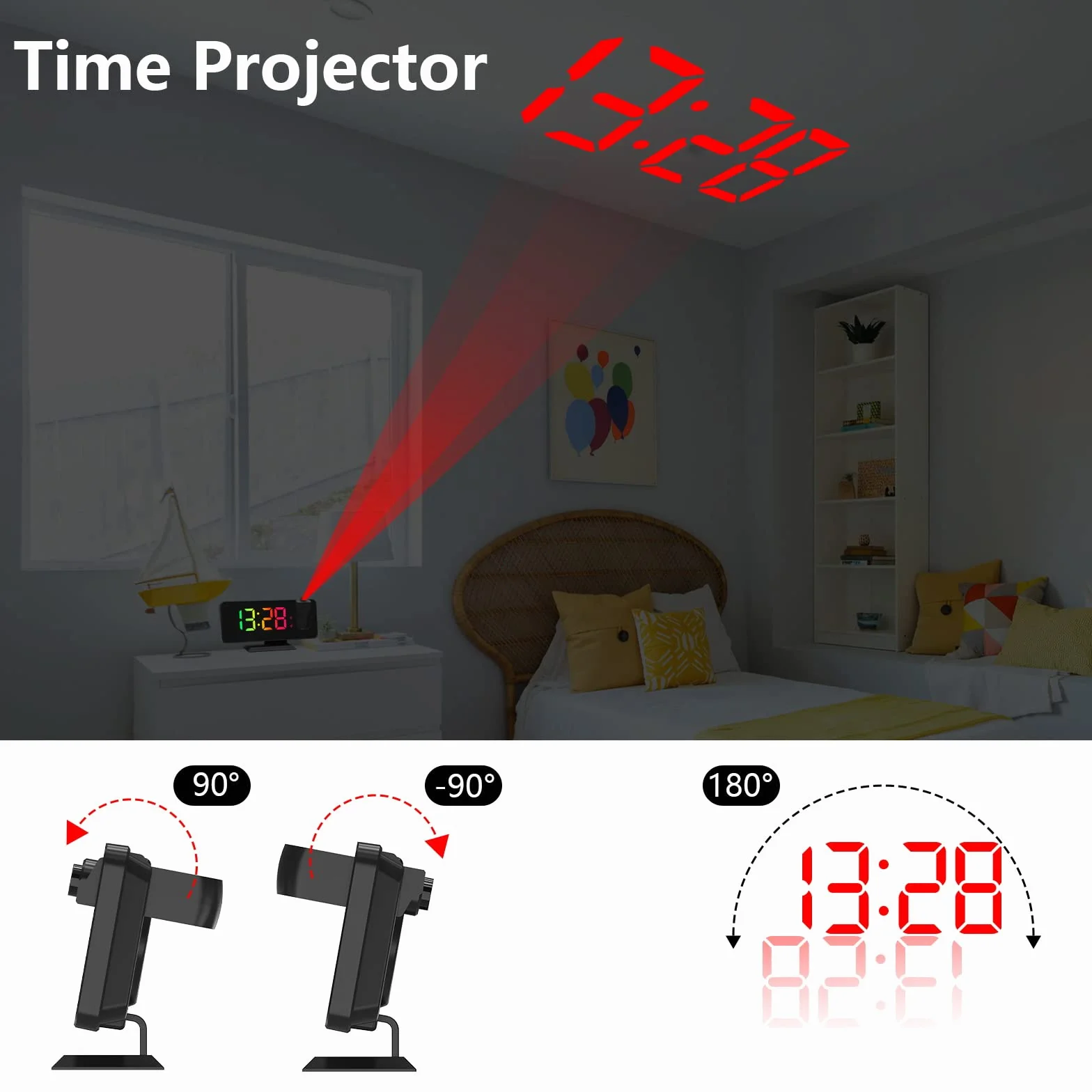 ThreeH Budzik z projektorem z 11 kolorami RGB, zmieniającym się lustrzanym wyświetlaczem LED, cyfrowy zegar z przyłączem USB do ładowania, funkcja drzemki, 6 regulowanych poziomów jasności, czarny