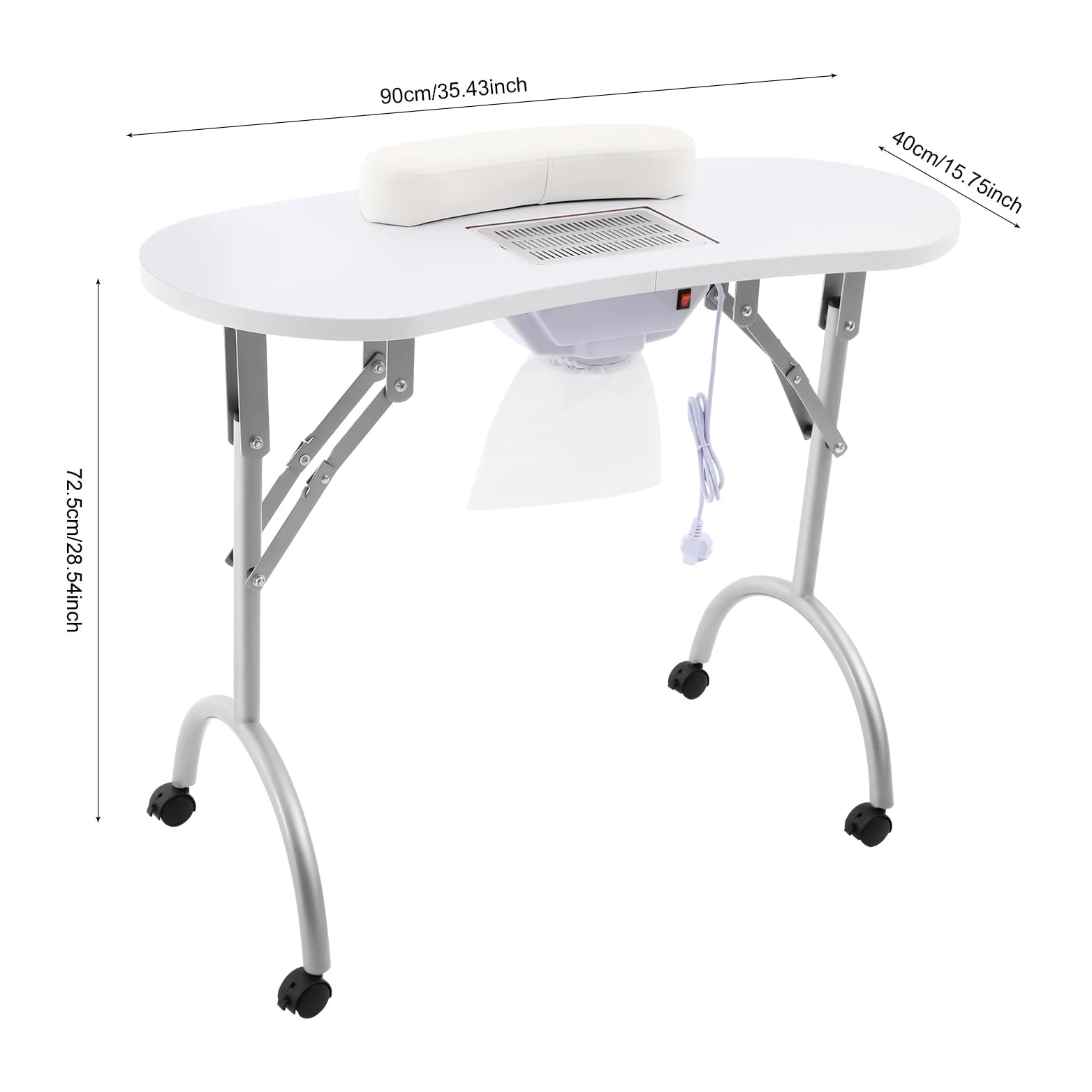 Stół do manicure, składany, 5,5 W, stół do paznokci z odsysaniem, 90 x 40 x 72,5 cm, mobilny odkurzacz do paznokci z 3 workami do odkurzacza i torbą do przenoszenia do salonów paznokci (biały)