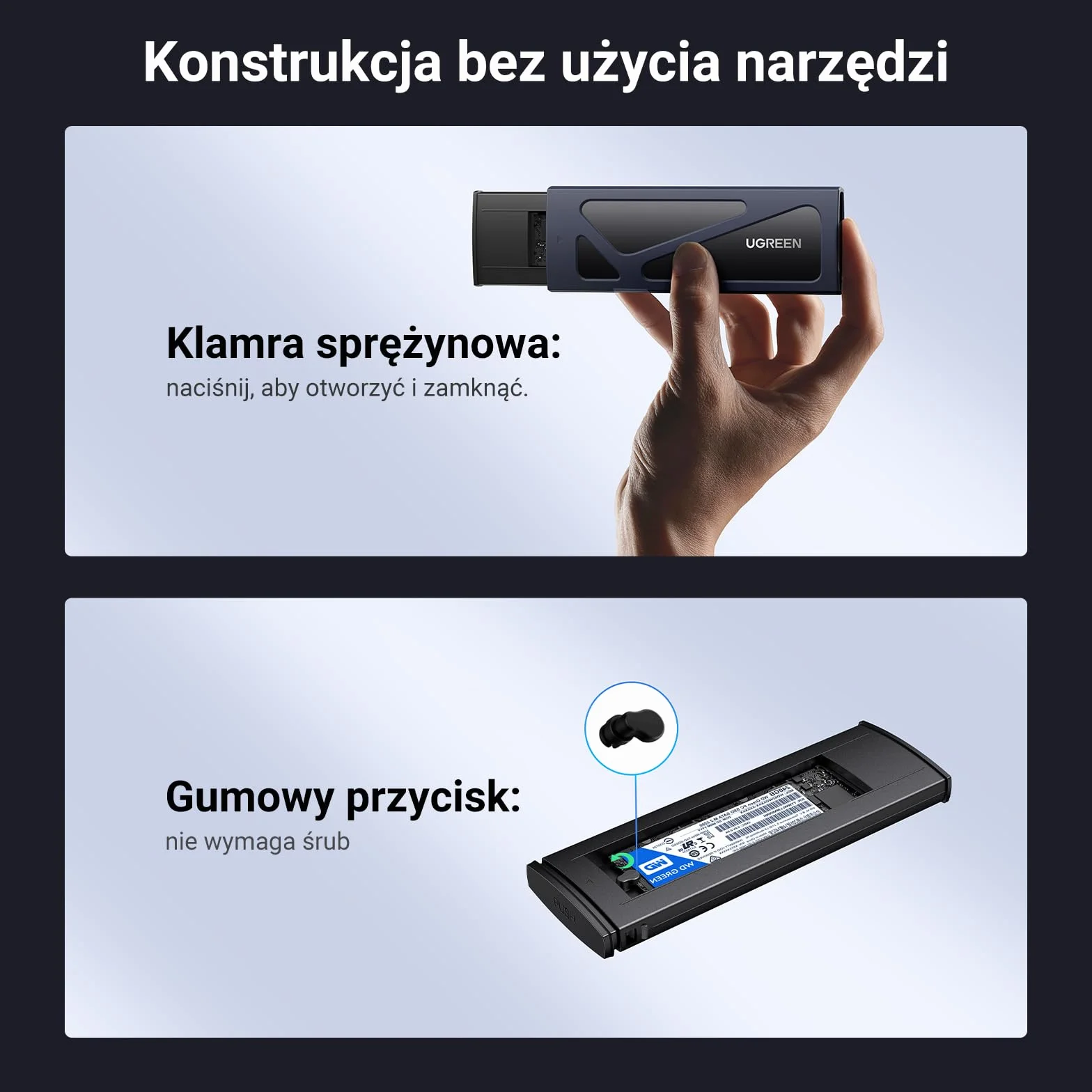 UGREEN Obudowa NVMe M.2 USB 3.2 SSD 10 Gb/s Obudowa M.2 na NVMe PCIe M-Key/M+B Key w 2230/2242/2260/2280 z Kablami USB C do C i USB A do C (Czarny)