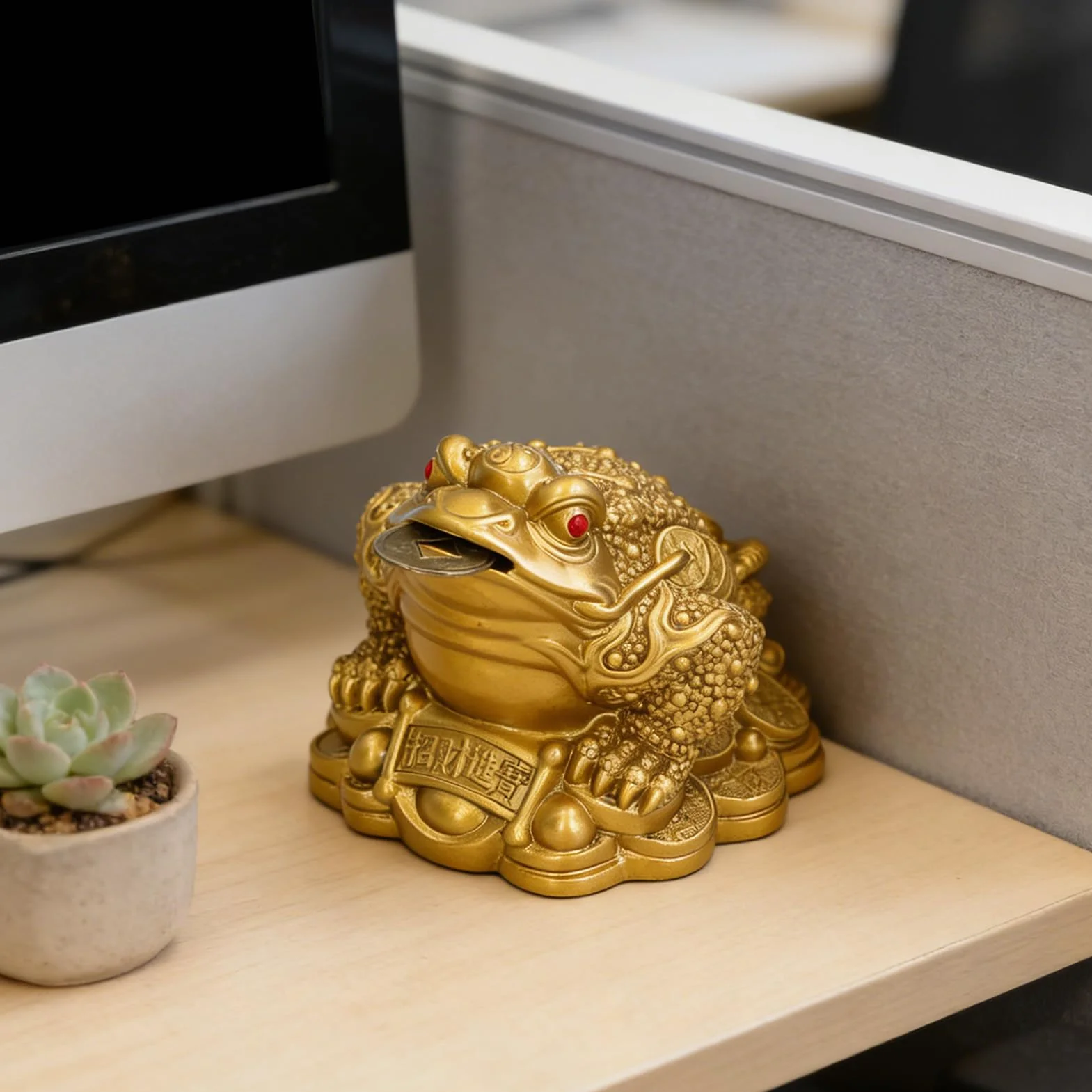 Złota chińska żaba Feng Shui statuetka z monetą mosiądz 65 × 60 × 50 mm