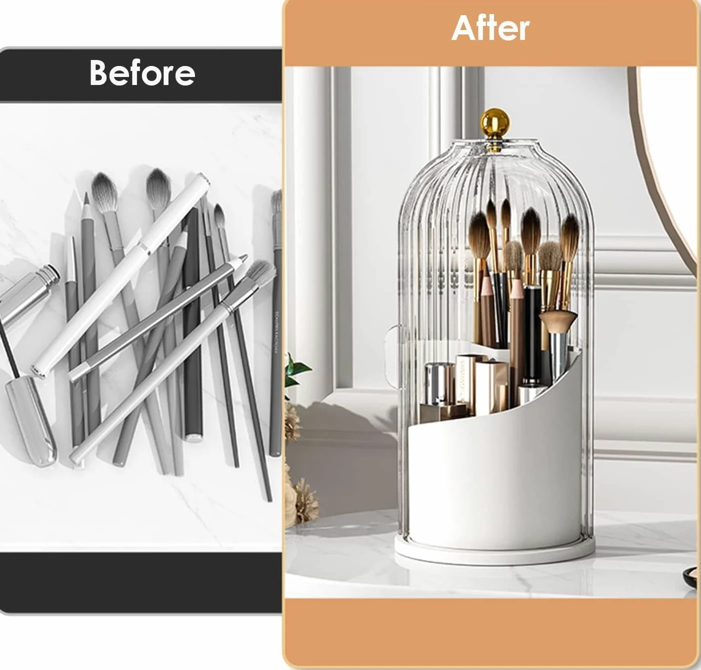 Organizer na Kosmetyki 360-stopniowy Obrotowy Uchwyt Na Pędzle Do Makijażu Z Pokrywką Przezroczysty Organizer Na Pędzle Do Makijażu Do Łazienki Na Biurko Vanity Organizer do Makijażu Sypialni(A)