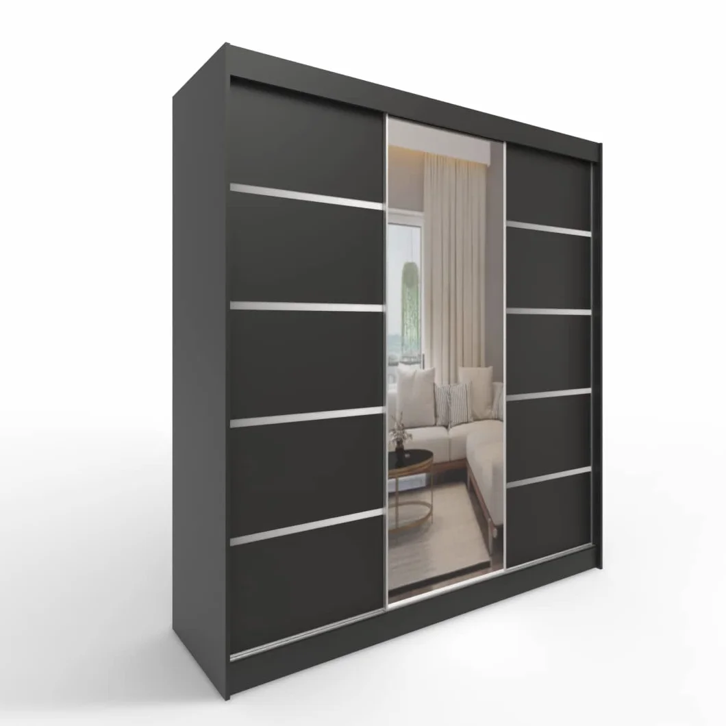 ML Furniture D6 Szafa z drzwiami przesuwnymi 200 cm z lustrem Czarny 3 drzwi