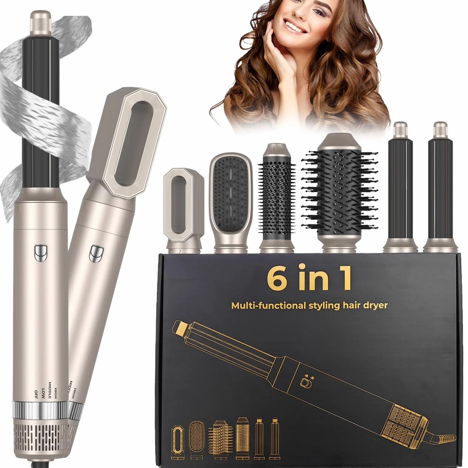 Zestaw 6 w 1 Airstyler z suszarką do włosów, szczotką, suszeniem, prostowaniem, lokami i objętością, grzebieniem do masażu z jonową pielęgnacją