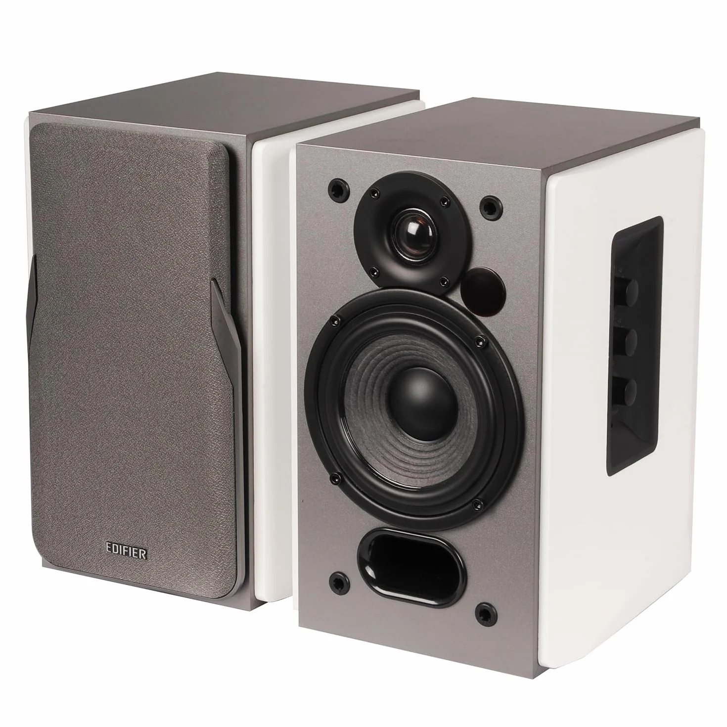 EDIFIER Studio R1380T 2.0 system głośników regałowych (42 W) w obudowie z prawdziwego drewna (MDF). Dwa przyłącza LINE. Pilot zdalnego sterowania na podczerwień i boczne elementy sterujące basami,