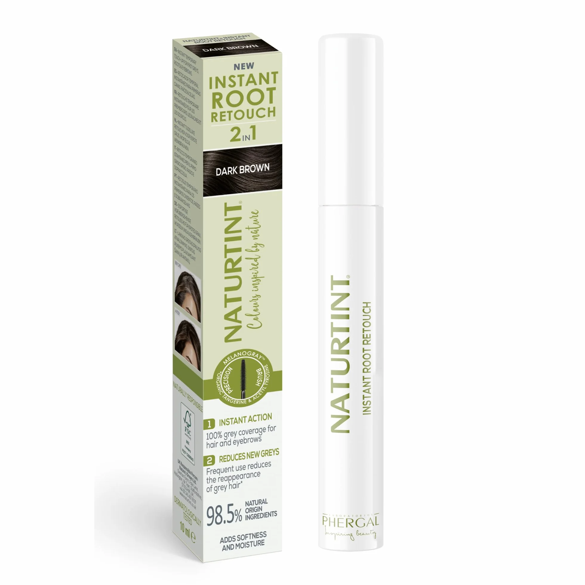 Naturtint Instant Root Retouch | tymczasowy środek do korekcji włosów siwych do korzeni i brwi | praktyczny i wygodny dzięki pędzelkowi | 98,5% naturalnych składników | ciemnobrązowy | 10 ml