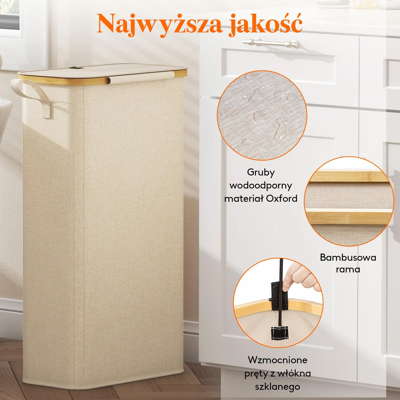 Lifewit Wąski Kosz na Pranie 65L Beżowy z Pokrywą Bambusową Ramą