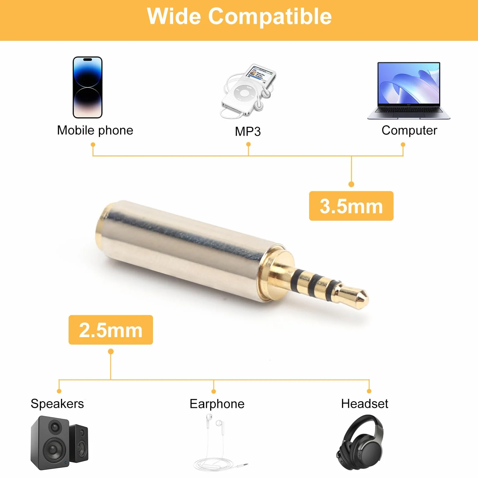 Zestaw 3 adapterów wtyczek jack HENGBIRD 2,5 mm na 3,5 mm i 3,5 mm na 2,5 mm do suchawek, telefonów komórkowych, odtwarzaczy MP3, komputerów i zczy AUX