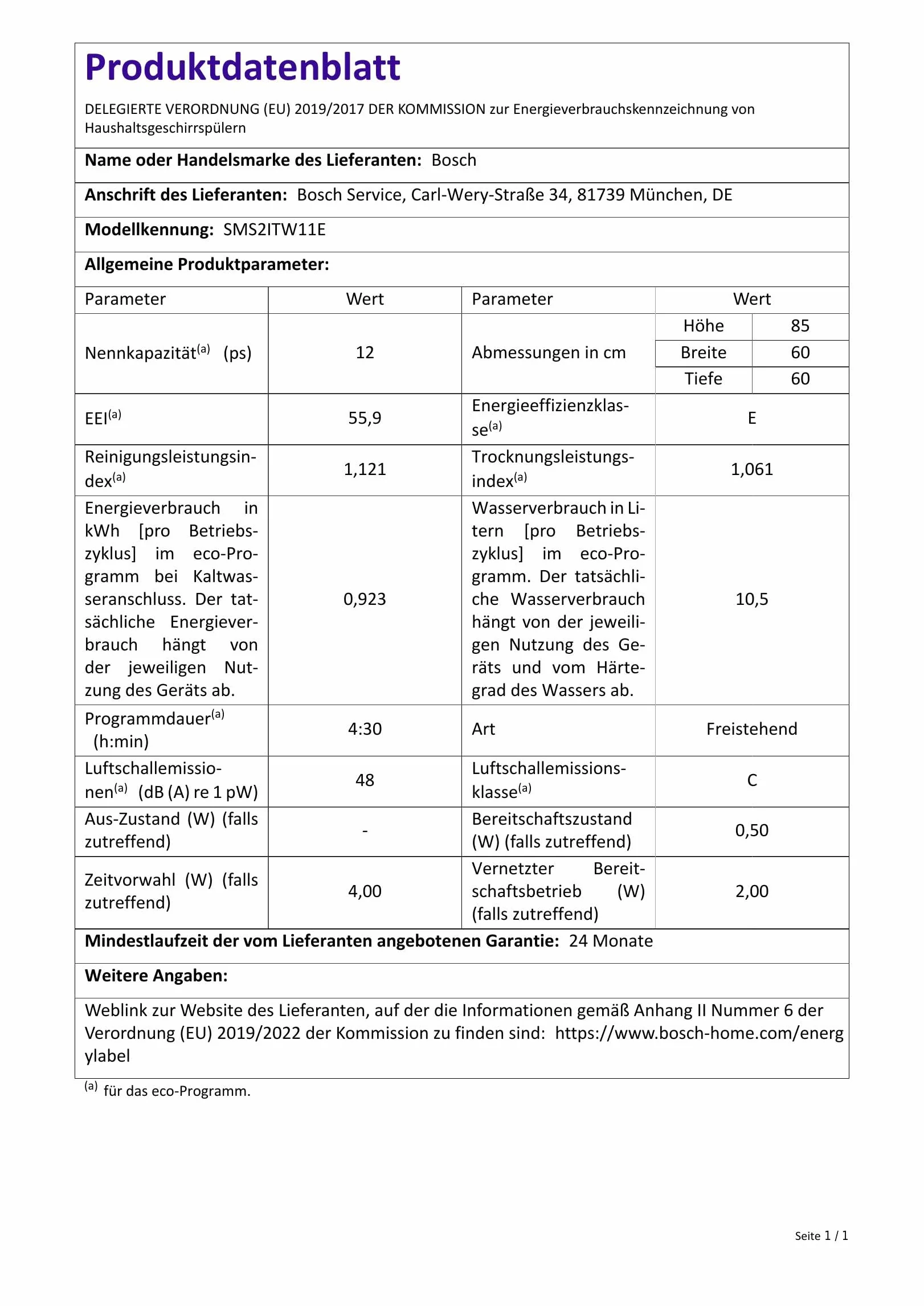 Bosch SMS2ITW11E Seria 2 Zmywarka swobodnie pozycjonowanie 60 cm biały