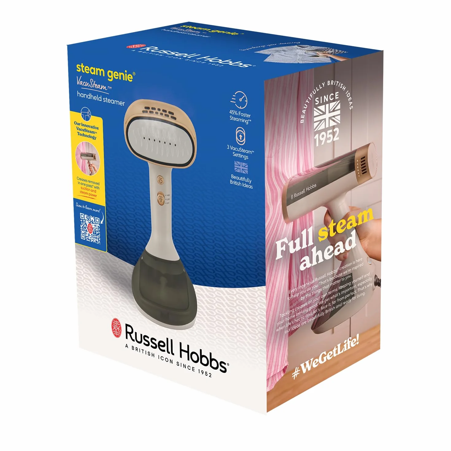 Russell Hobbs Żelazko pionowe [1500 W, para 24 g/min] Para Genie VacuSteam (3 ustawienia pary i zasysania, 200 ml, gotowa w 45s, ceramika, bezpieczna dla wszystkich tkanin) 28551-56