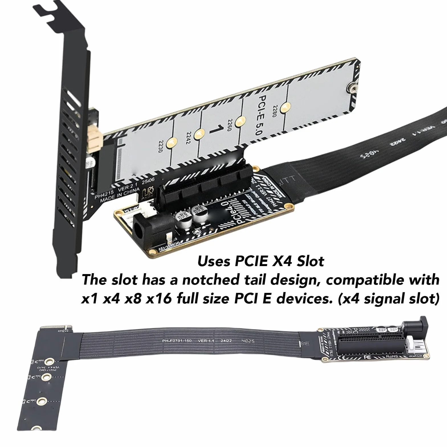 Denash Adapter Przedłużacza PCIe 4.0 X4 do M.2 M Key, Adapter Podwyższający PCIe do .2 64 Gb/s ze Wskaźnikiem LED, Gniazd NVMe 2230, 2242, 2260 i 2280