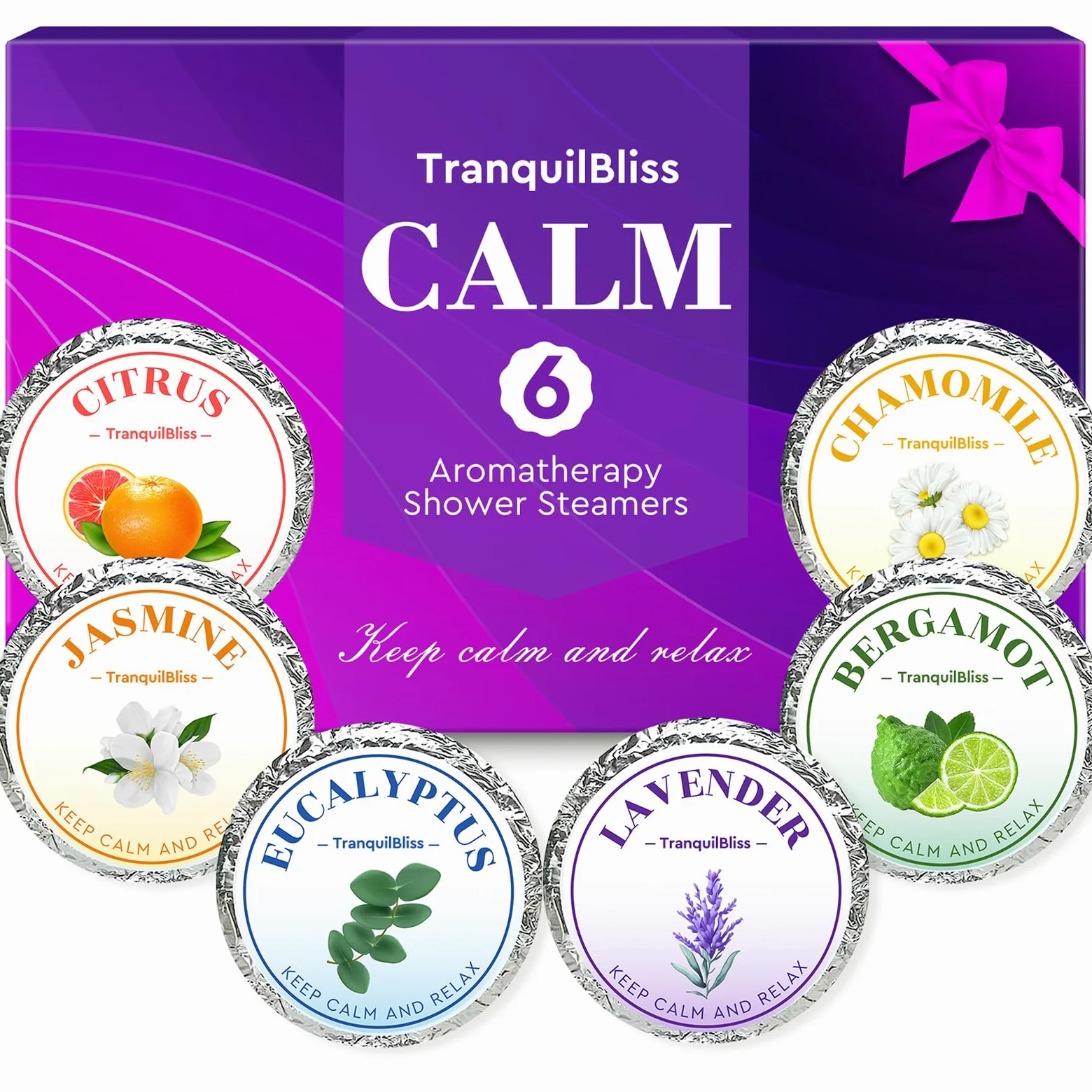 TranquilBliss Parowar pod prysznic, 6 tabletek pod prysznic z naturalnym zapachem, samoopieka i relaks, Dzień Matki, pakowane pojedynczo, walentynkowe parowce pod prysznic dla kobiet