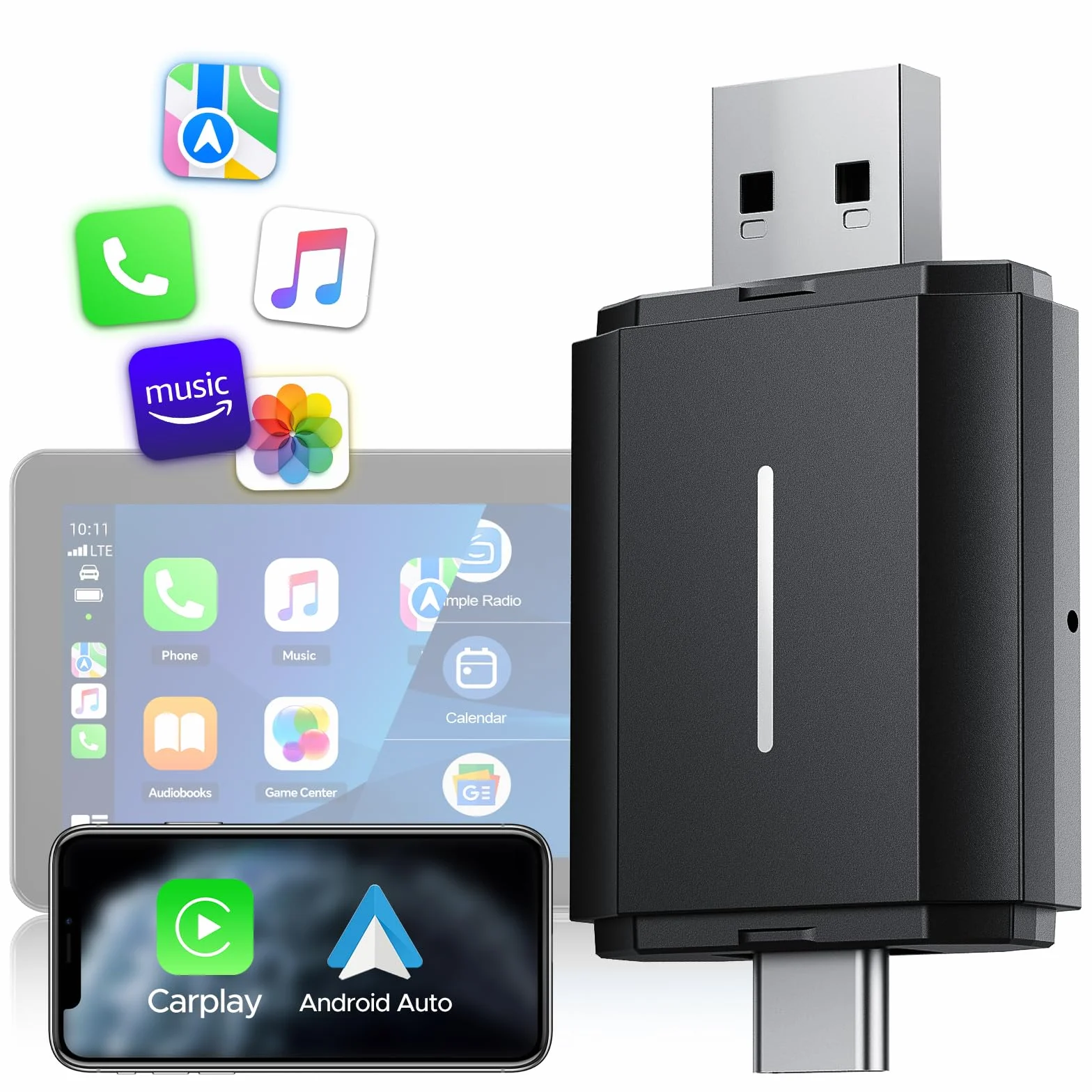 Lamto Carplay Adapter Android Auto 2 w 1 do CarPlay i Android Auto,Bezprzewodowy Klucz Sprzętowy CarPlay Konwertuje Połączenie Przewodowe na Bezprzewodowe, Plug&Play, Obsługuje iOS 10+ i Android 11+