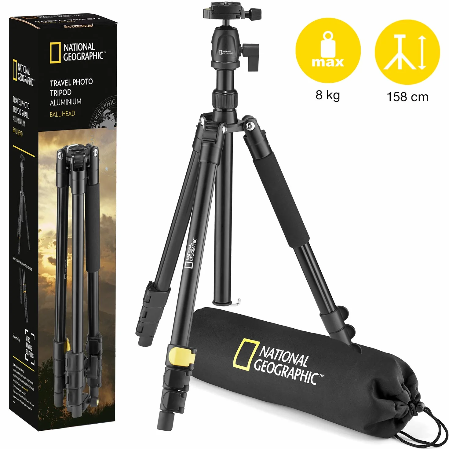 National Geographic Podróżny statyw fotograficzny z monopodem, aluminium, 4-sekcyjne nogi, blokada dźwigni, obciążenie 6 kg, torba transportowa, głowica kulowa, szybkie zapięcie, NGTR001L [Wyłącznie w
