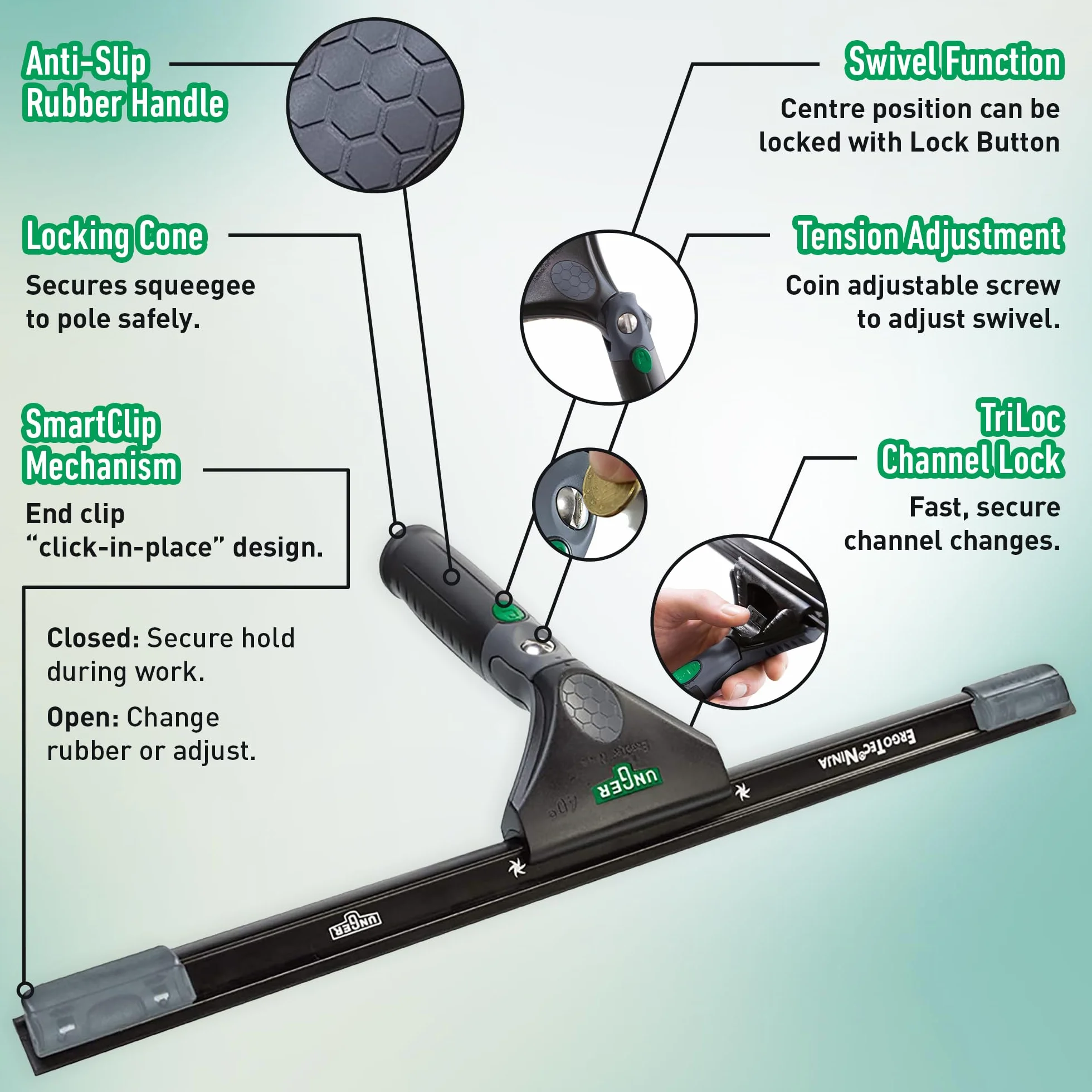 UNGER ErgoTec Ninja myjka do okien 40° (szerokość 45 cm, ergonomiczny uchwyt, z miękką gumą, dwie gumowe pozycje, ściągaczka do okien z funkcją wychylenia) EN450