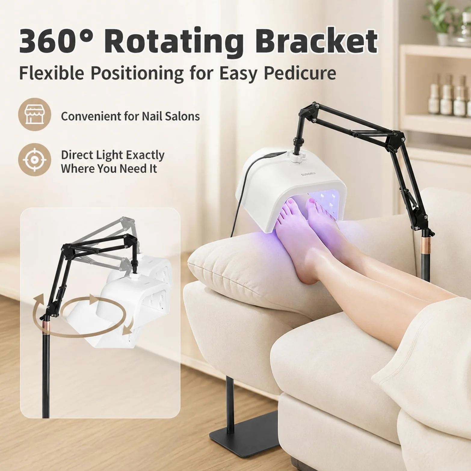 Lampa do Pedicure ze Stojakiem, Lampa UV LED do Utwardzania Żelu | Do Salonu lub Domu, Suszarka 48 W z Akumulatorem, 33 Diody LED, 4 Timery i Obrotowy Stojak do Manicure i Pedicure