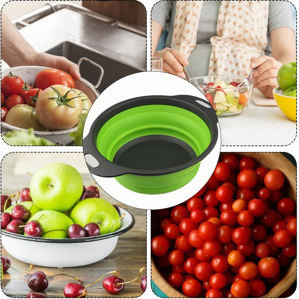 2 szt. Silikonowe durszlaki, składane sitko, składane sitko silikonowe do kuchni, ociekacz do warzyw, odpowiedni do makaronu, owoców i warzyw w ociekaczu kuchennym (23,5 + 29 cm)