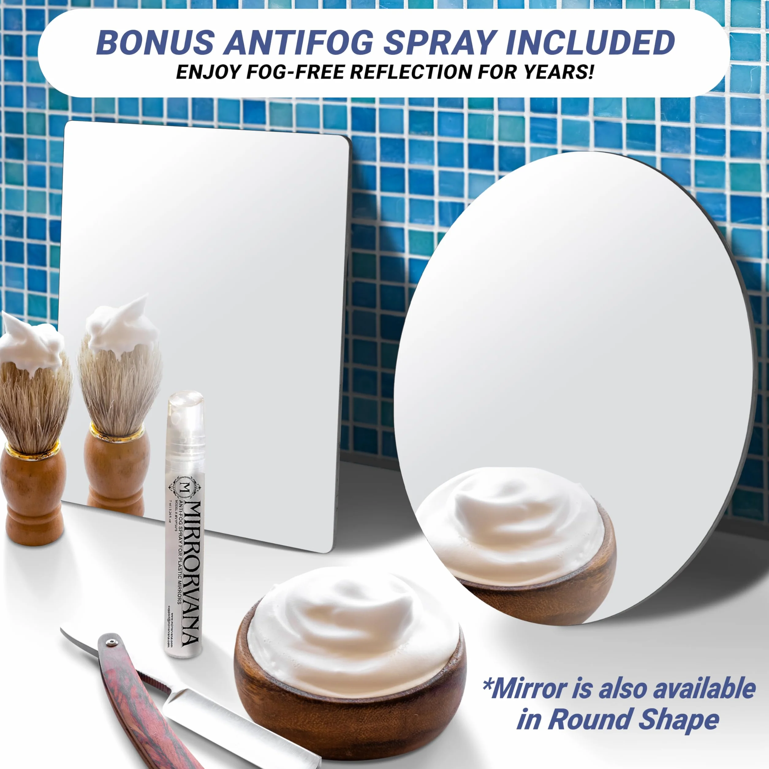 MIRRORVANA Samoprzylepne lusterko prysznicowe do golenia bez zaparowania, z samoprzylepną taśmą 3M, bezramowe i nietłukące się plastikowe lustro - 16 cm x 16 cm (kwadratowe)
