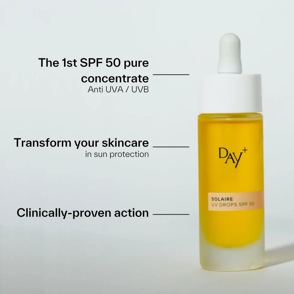 DAY+ | UV DROPS SPF 50 | Serum do twarzy o wysokiej ochronie przeciwsłonecznej | Chroni przed UVA/UVB, zwalcza zmarszczki i starzenie się skóry, nawilżenie | Karanja, pestki winogron | Butelka 30 ml