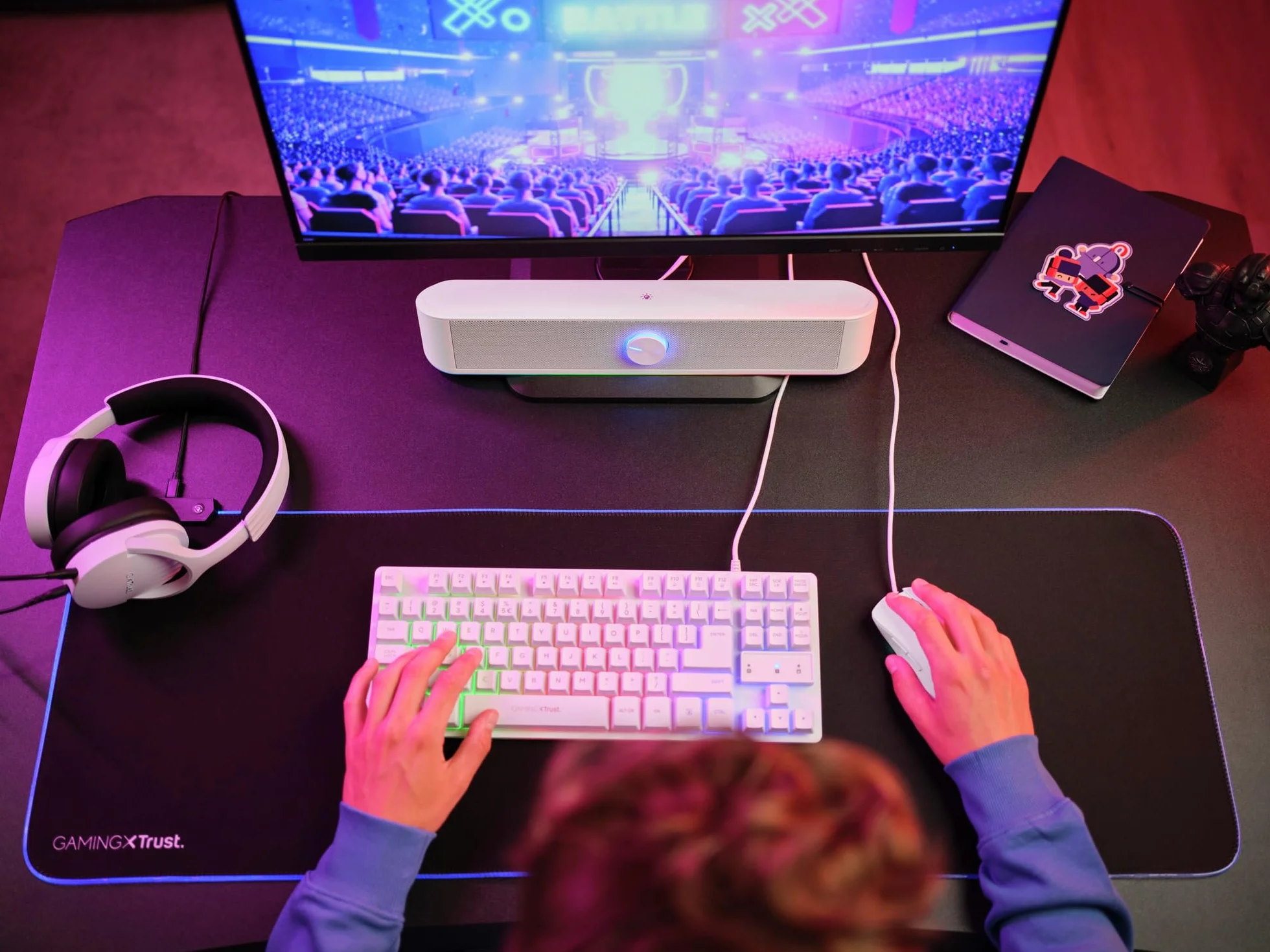 Trust Gaming GXT 619 W Thorne Soundbar z oświetleniem RGB 12 W, stereo głośniki komputerowe, jack 3,5 mm AUX, kompaktowy głośnik USB 2.0 do komputera stacjonarnego, laptopa – biały