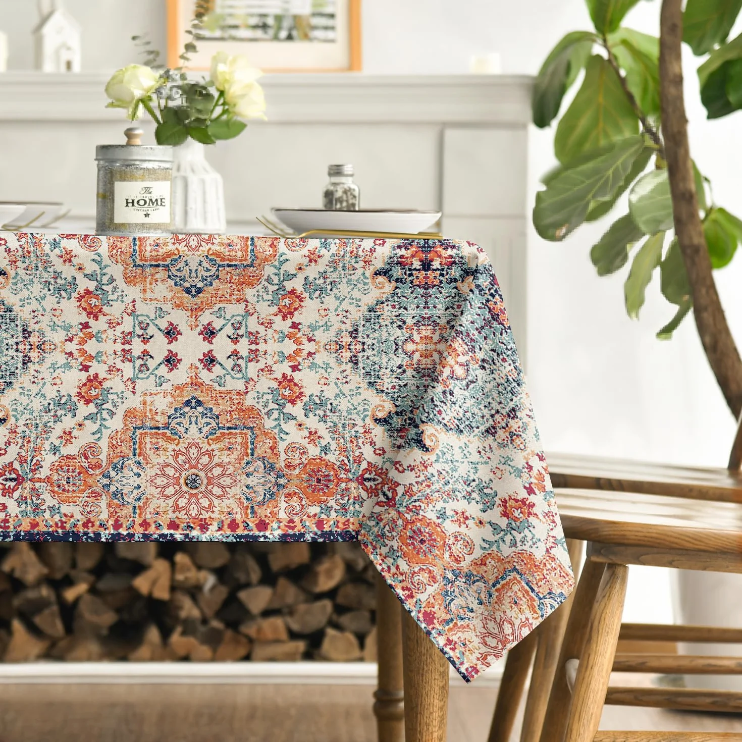 Boho Vintage Obrus 140 x 220 cm Marokański Styl Geometria Kolorowy Ochrona Przed Plamami