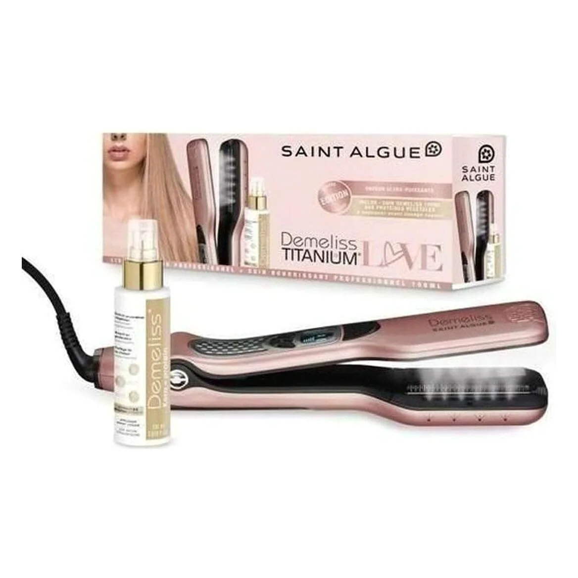 SAINT ALGUE Zestaw wygładzający do pary Demeliss TITANIUM Love Edition kolor różowy gold + pielęgnacja odżywcza 100ml Kera-PROTEIN