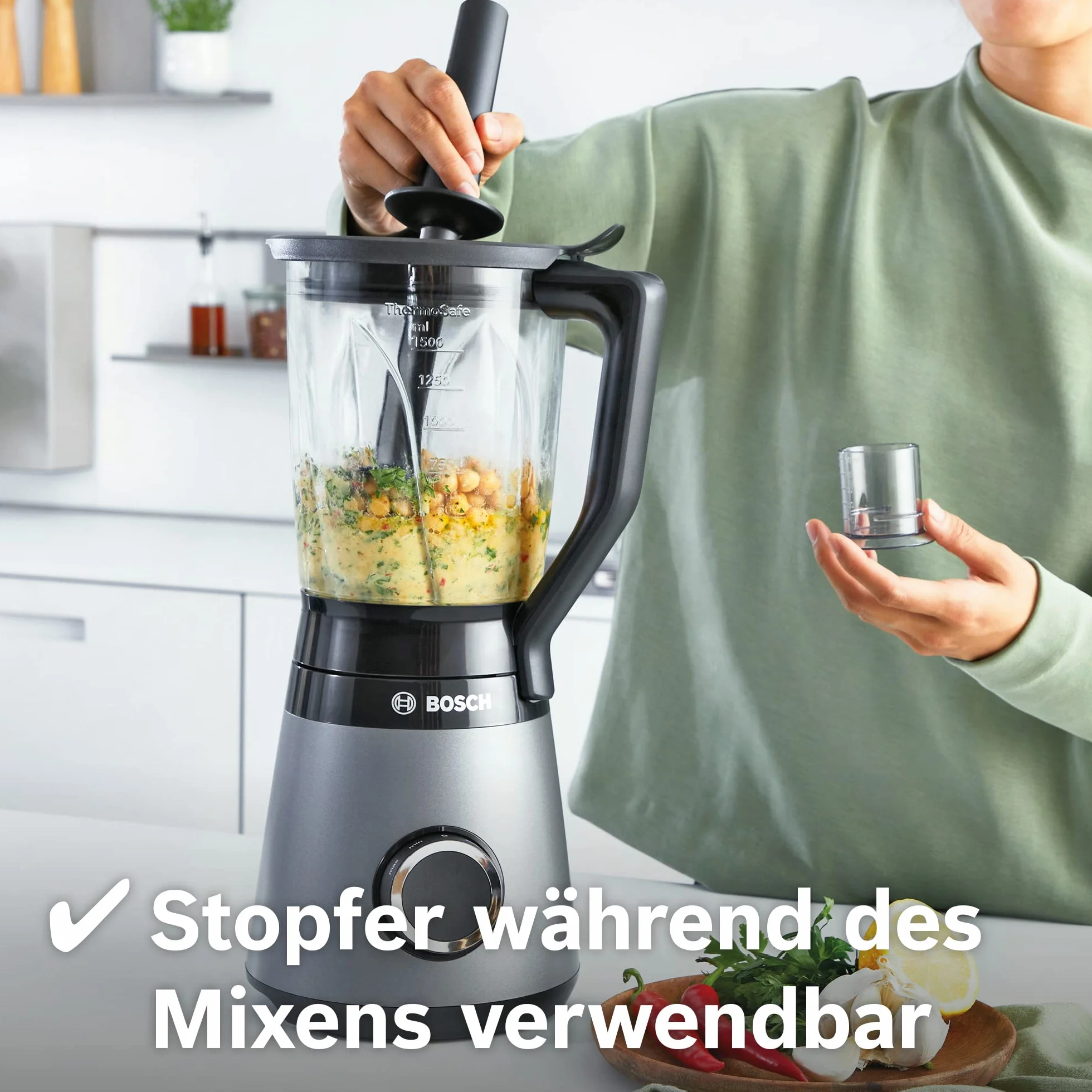 Bosch Mikser stojący VitaPower seria 4 MMB6177S, 1,5 l ThermoSafe szklany pojemnik, 30 000 obr/min, stal nierdzewna
