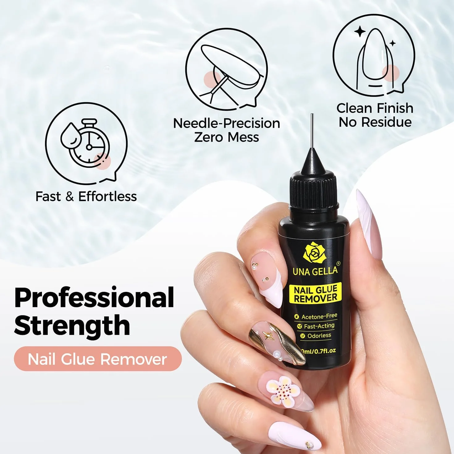 UNA GELLA Środek do usuwania kleju do paznokci Press-on, 20 ml, precyzyjny, bez acetonu, do usuwania końcówek paznokci, delikatny zmywacz kleju do łatwego usuwania, akcesoria do manicure DIY