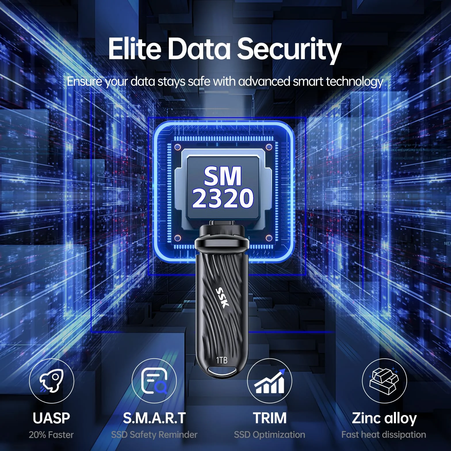 SSK Dysk SSD zewnętrzny 1TB USB C do 2000 MB/s, przenośny dysk SSD USB 3.2 Gen 2X2 Memory Stick, zewnętrzne dyski półprzewodnikowe o bardzo niskim poborze mocy