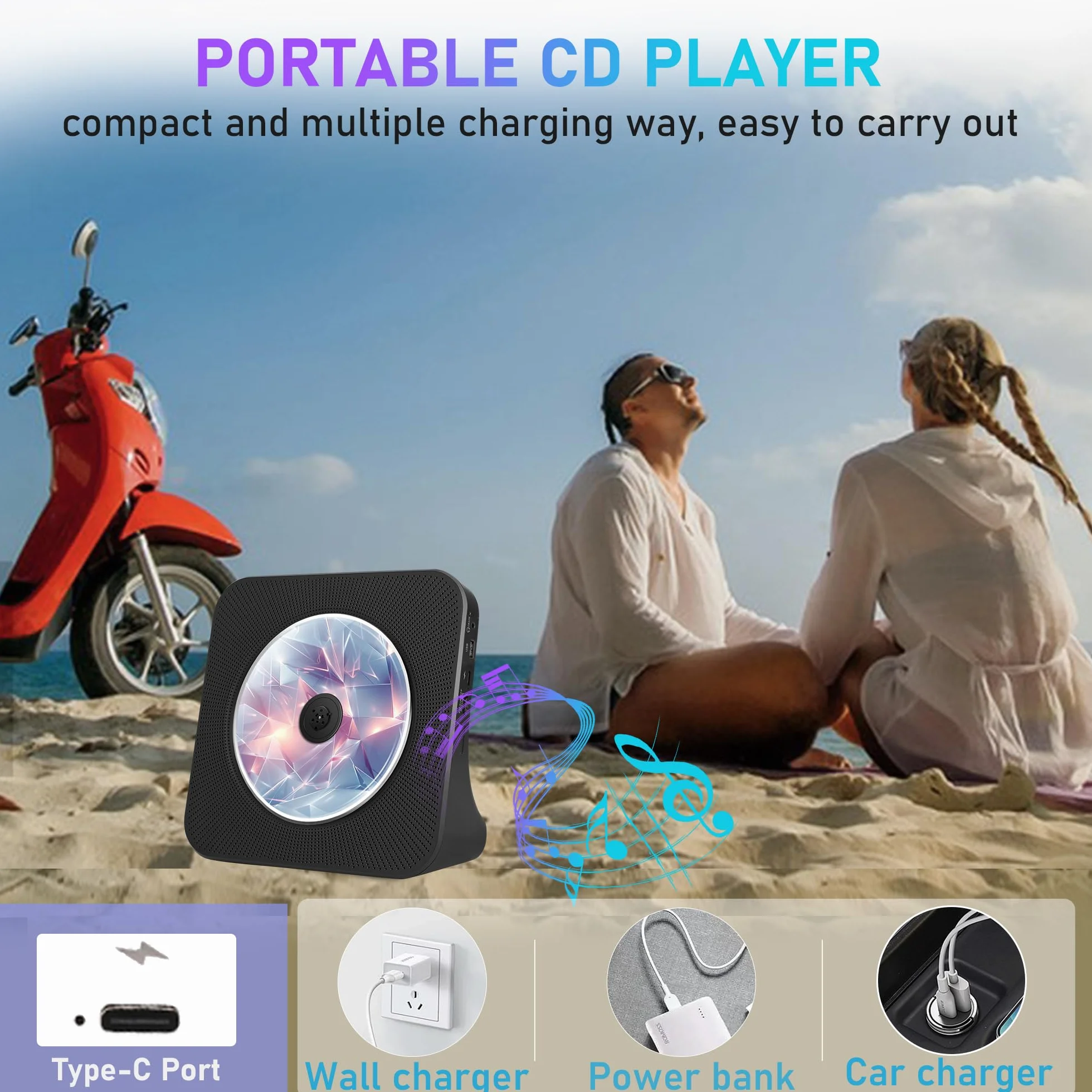 Biurkowy odtwarzacz CD z Bluetooth 5.0, odtwarzacz CD z wbudowanymi podwójnymi głośnikami stereo, przenośny odtwarzacz muzyka z radiem FM/Audio Boombox/AUX/USB