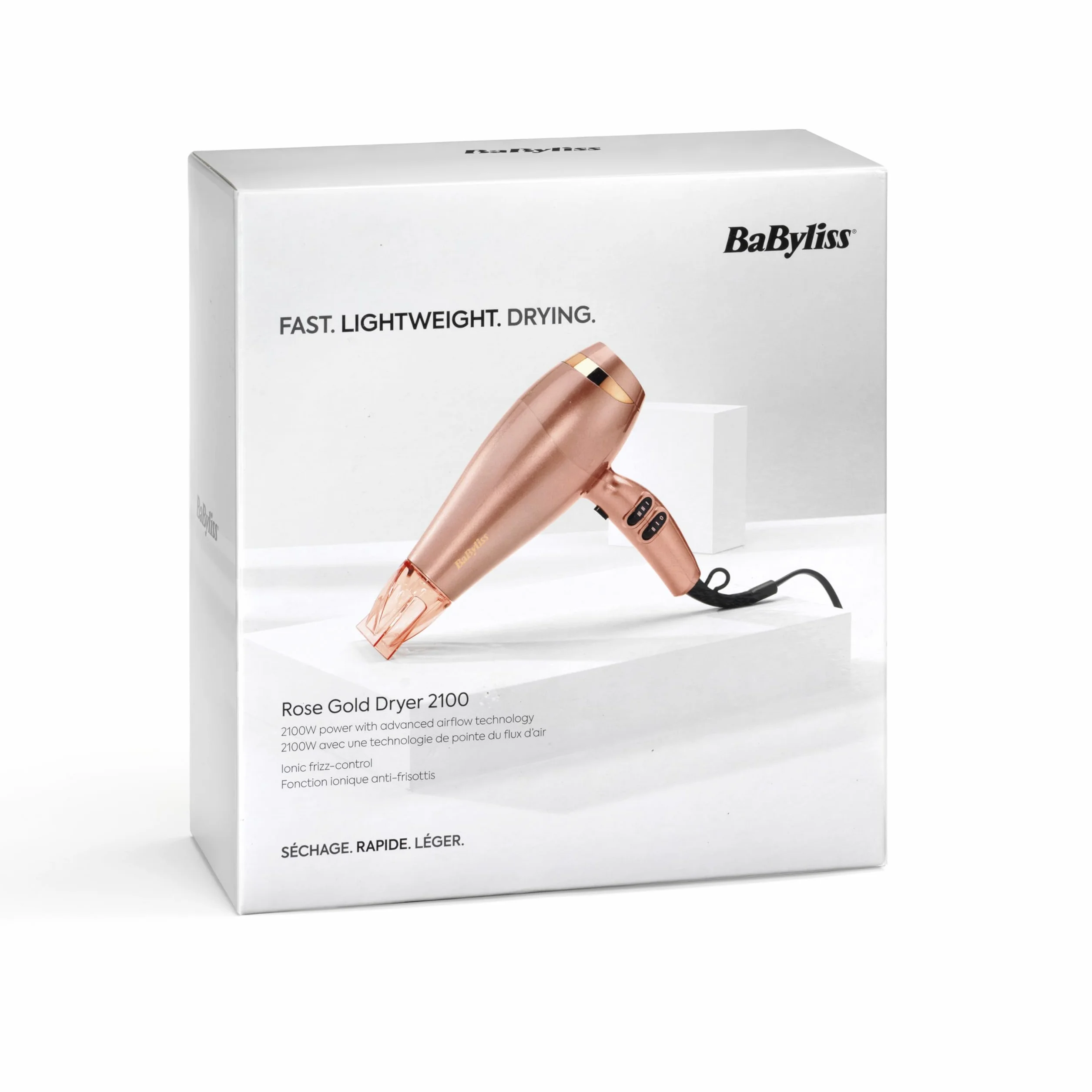 Suszarka BaByliss Rose Gold - 2100 W, jonizacja, lekka podróżna suszarka do włosów, szybko susząca, ceramiczna, 3 ustawienia temperatury i 2 prędkości, srebrna, 5336PE